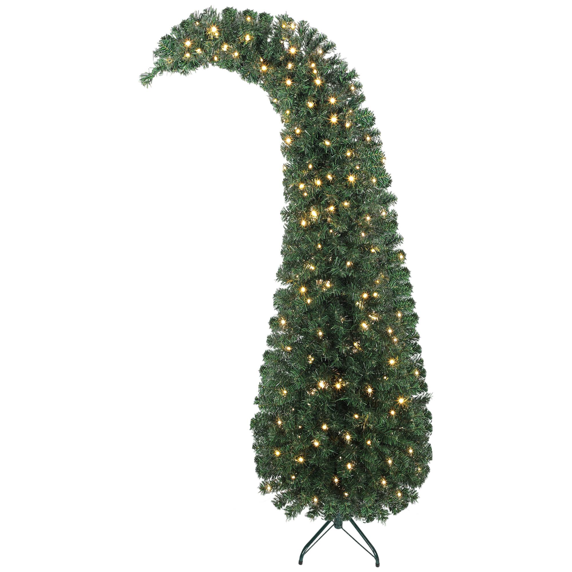 Alt View 2. APRILSOUL - 6 ft Prelit Bent Top Christmas Tree Whimsical Slim High Mountain Fir 200 LEDs Metal Stand - Green.