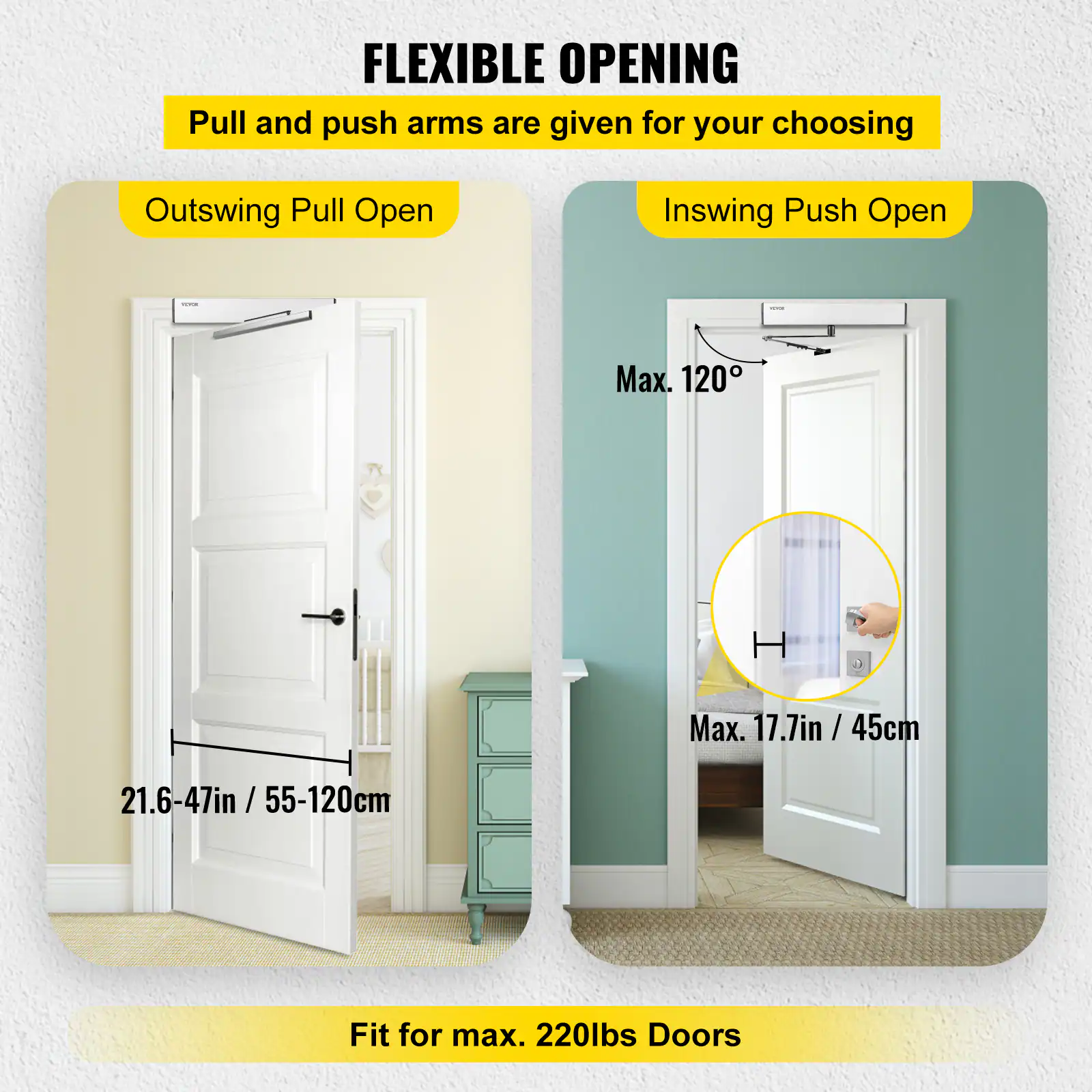 FLEXIBLE OPENING: Pull and push arms are given for your choosing.

- Outswing Pull Open
- Inswing Push Open

Max. 120°
Max. 17.7in / 45cm
21.6-47in / 55-120cm
Fit for max. 220lbs Doors