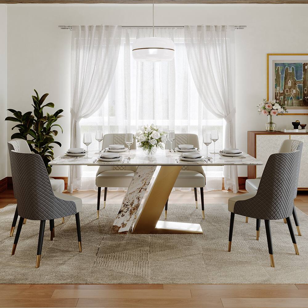 Angle. POVISON - 71"Modern Luxury Glossy Gold Sintered Stone Rectangular Dining Table for 4-6, White & Gold Z-shaped Stainless Steel Base - Pandora & Gold.
