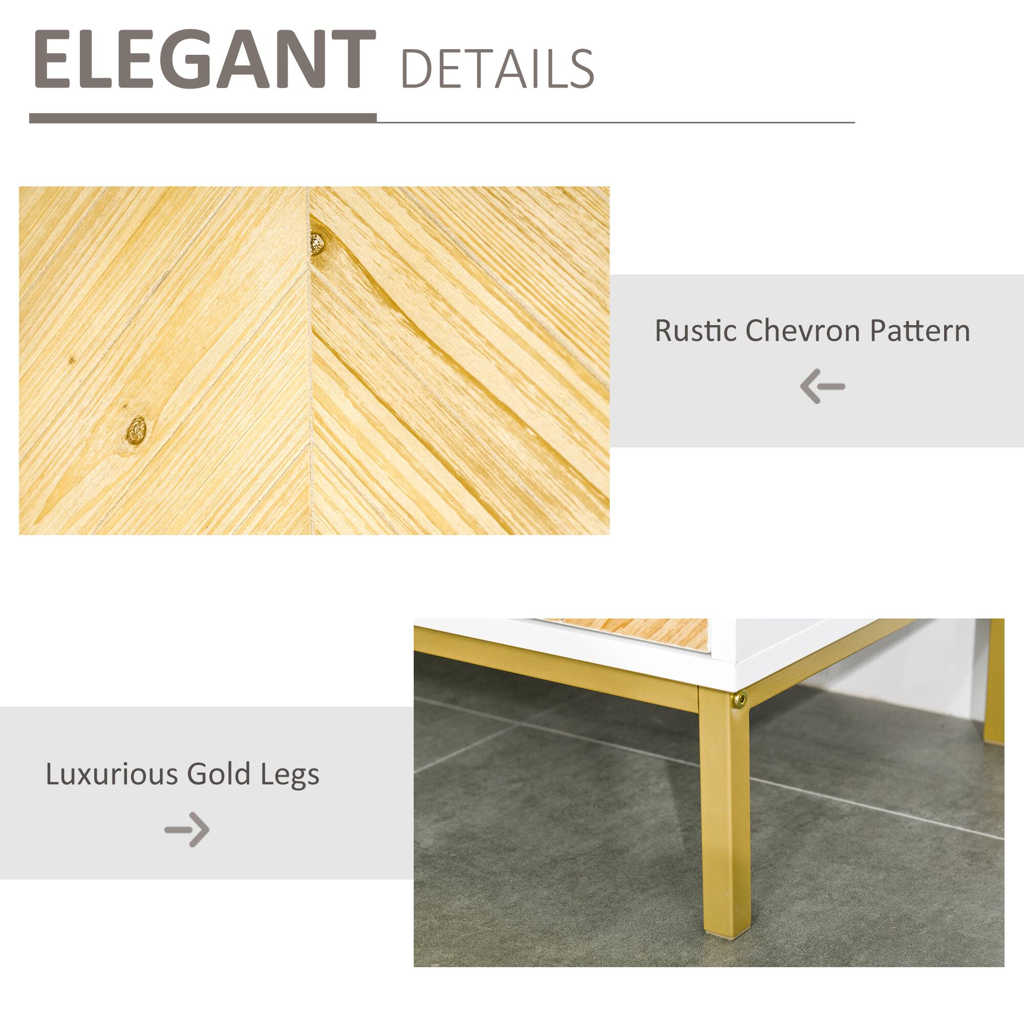 ELEGANT DETAILS

- Rustic Chevron Pattern
- Luxurious Gold Legs