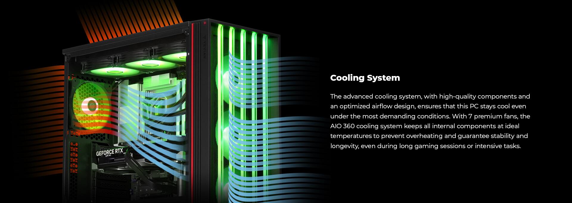 Cooling System

The advanced cooling system, with high-quality components and an optimized airflow design, ensures that this PC stays cool even under the most demanding conditions. With 7 premium fans, the AIO 360 cooling system keeps all internal components at ideal temperatures to prevent overheating and guarantee stability and longevity, even during long gaming sessions or intensive tasks.