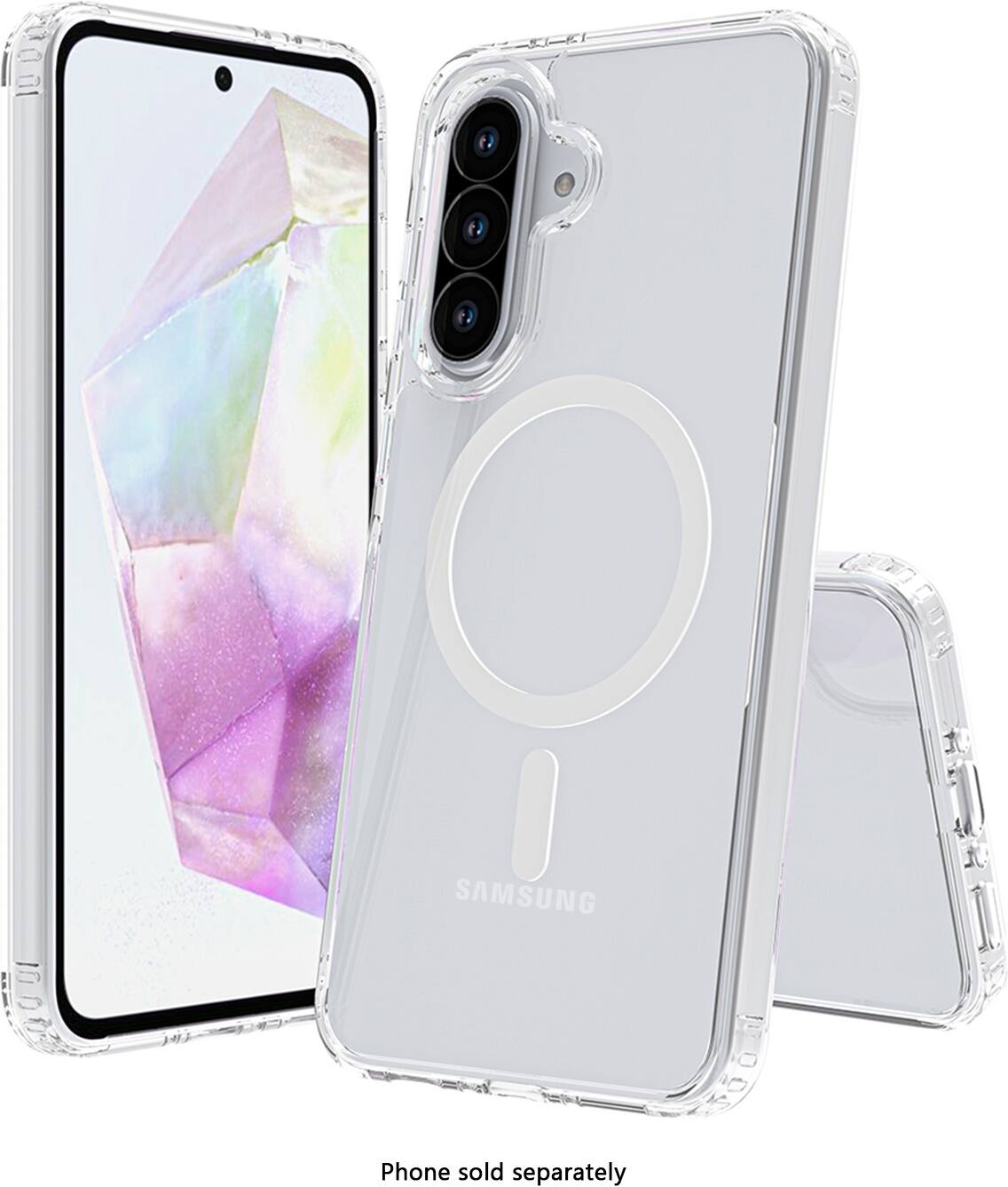 The image features a Samsung phone that is sold separately. The phone is displayed in a clear case, showcasing its design and features. The case is white and provides protection for the phone. The phone is placed next to another phone, which is also in a clear case. The image highlights the Samsung brand and the available cases for the phones.