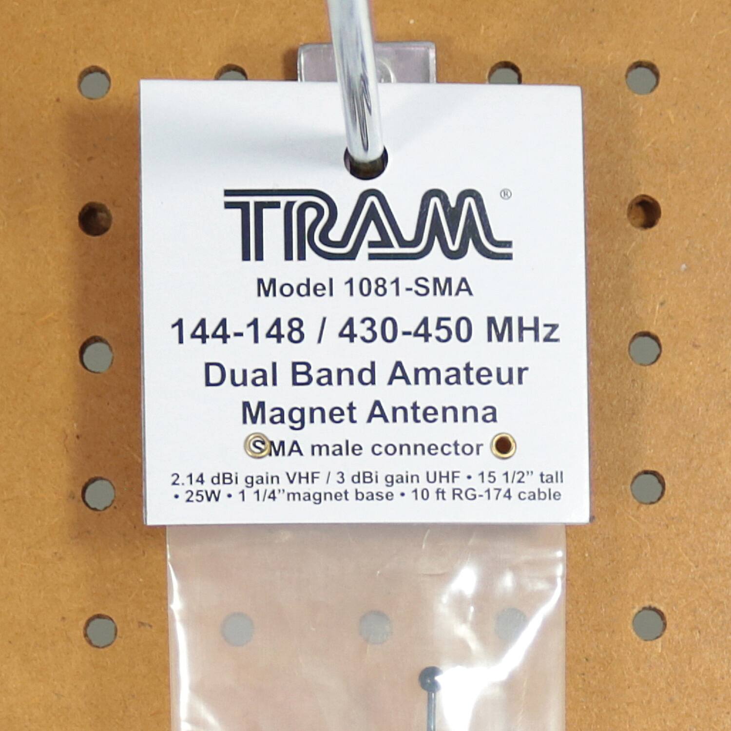 TRAM Model 1081-SMA  
144-148 / 430-450 MHz  
Dual Band Amateur Magnet Antenna  
SMA male connector  
2.14 dBi gain VHF / 3 dBi gain UHF  
15 1/2" tall  
25W  
1 1/4" magnet base  
10 ft RG-174 cable