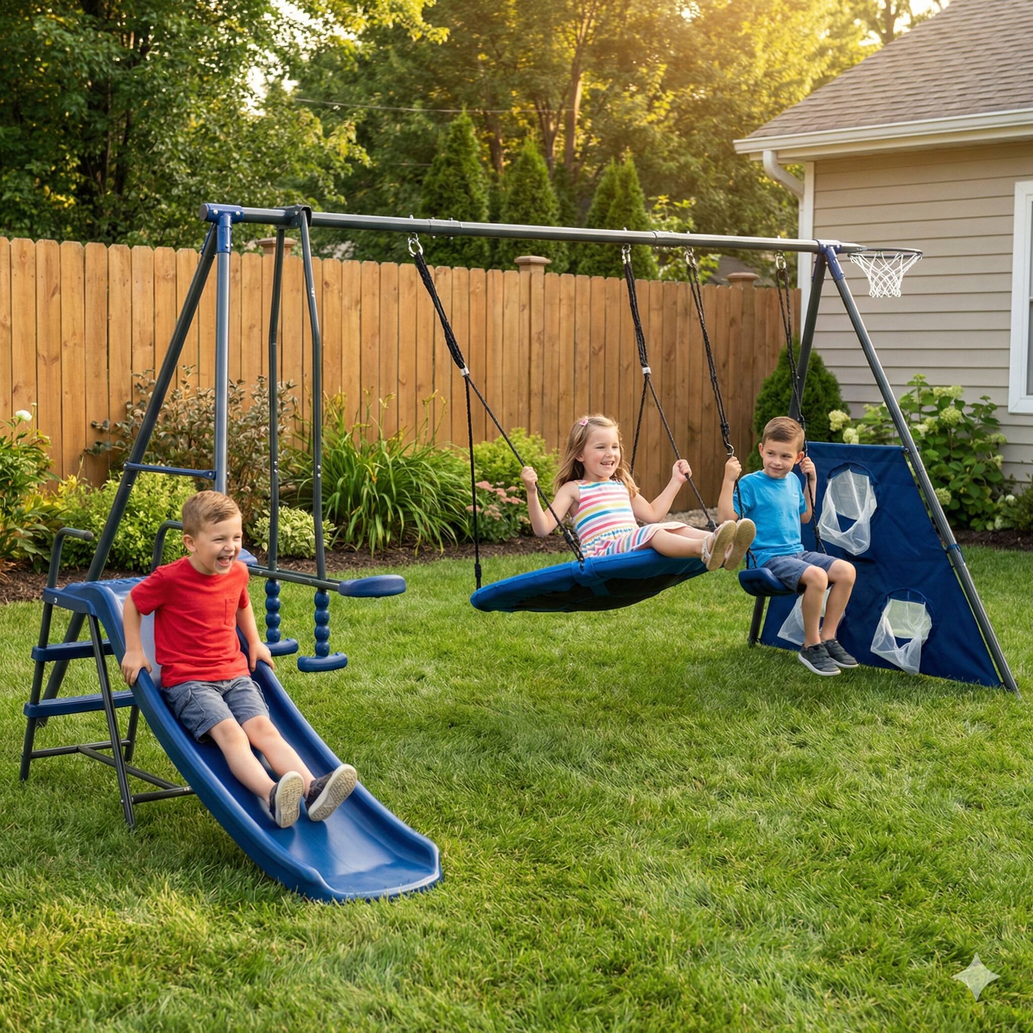 Front. Loheer - 12.7 ft Outdoor Metal Swing Set with 31.5 in Net Swing, Mini Slide and Sports Play for Backyard - Grey+Blue.