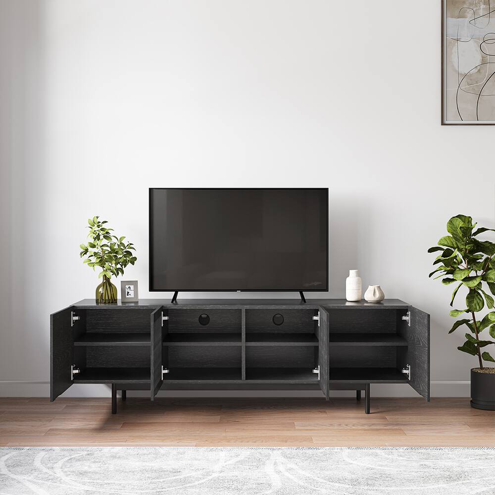 Alt View 5. POVISON - 63" Mid-Century Modern TV Stand, Minimalist Slatted Wood TV Console with Black Tall-Cast Metal Feet, Black Oak - Black.