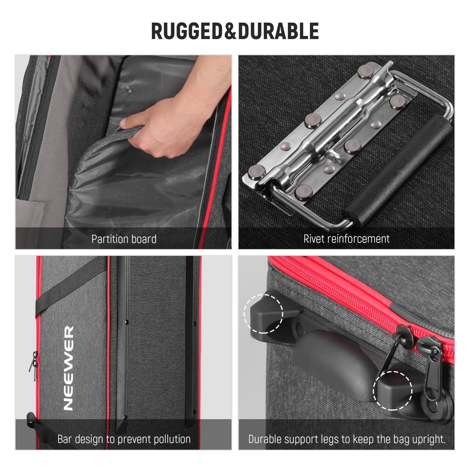 RUGGED & DURABLE

- Partition board
- Rivet reinforcement
- Bar design to prevent pollution
- Durable support legs to keep the bag upright