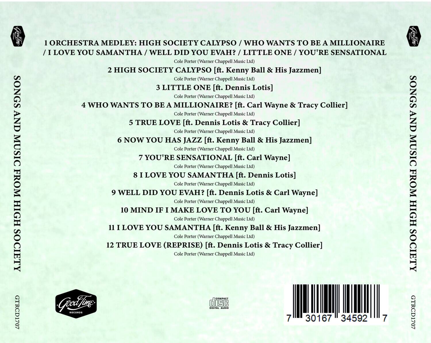 Sure, here is the corrected and grouped text:

---

**SONGS AND MUSIC FROM HIGH SOCIETY**

**GTRCD1707**

1. ORCHESTRA MEDLEY: HIGH SOCIETY CALYPSO / WHO WANTS TO BE A MILLIONAIRE? / I LOVE YOU SAMANTHA / WELL DID YOU EVAH? / LITTLE ONE / YOU'RE SENSATIONAL  
   - Cole Porter (Warner Chappell Music Ltd)

2. HIGH SOCIETY CALYPSO [ft. Kenny Ball & His Jazzmen]  
   - Cole Porter (Warner Chappell Music Ltd)

3. LITTLE ONE [ft. Dennis Lotis]  
   - Cole Porter (Warner Chappell Music Ltd)

4. WHO WANTS TO BE A MILLIONAIRE? [ft. Carl Wayne & Tracy Collier]  
   - Cole Porter (Warner Chappell Music Ltd)

5. TRUE LOVE [ft. Dennis Lotis & Tracy Collier]  
   - Cole Porter (Warner Chappell Music Ltd)

6. NOW YOU HAS JAZZ [ft. Kenny Ball & His Jazzmen]  
   - Cole Porter (Warner Chappell Music Ltd)

