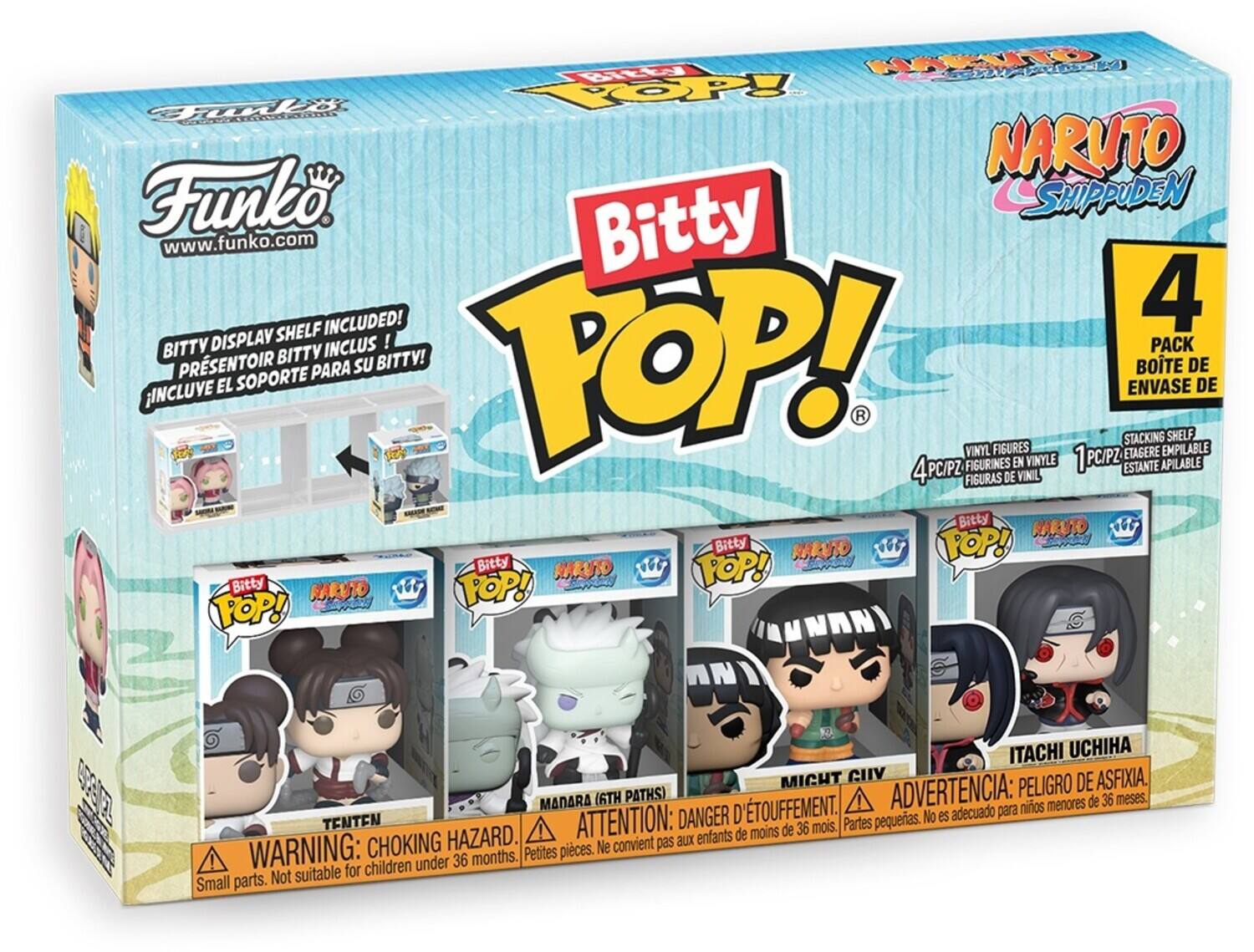 Sure, here is the corrected and grouped text from the image:

---

**Funko**  
www.funko.com

**Bitty Pop!**  
NARUTO SHIPPUDEN

**BITTY DISPLAY SHELF INCLUDED!**  
PRESENTOIR BITTY INCLUS!  
¡INCLUYE EL SOPORTE PARA SU BITTY!  
4PC/PZ FIGURINES EN VINYLE  
1PC/PZ ESTANTE APILABLE

**4 PACK**  
BOÎTE DE 4  
4PC/PZ FIGURINES EN VINYLE  
1PC/PZ ESTANTE APILABLE

**TENTEN**  
WARNING: CHOKING HAZARD.  
Small parts. Not suitable for children under 36 months.  
ATTENTION: DANGER D'ÉTOUFFEMENT.  
Petites pièces. Ne convient pas aux enfants de moins de 36 mois.  
ADVERTENCIA: PELIGRO DE ASFIXIA.  
Partes pequeñas. No es adecuado para niños menores de 36 meses.

**MADARA (6TH PATHS)**  
WARNING: CHOKING HAZARD.  
Small parts. Not suitable for children under 