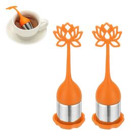 Unique Bargains - 2pcs Lotus Tea Infuser, Stainless Steel Loose-Leaf Steeper w/ Silicone Handle, Reusable Thin Mesh for Teacups & Teapots - Orange