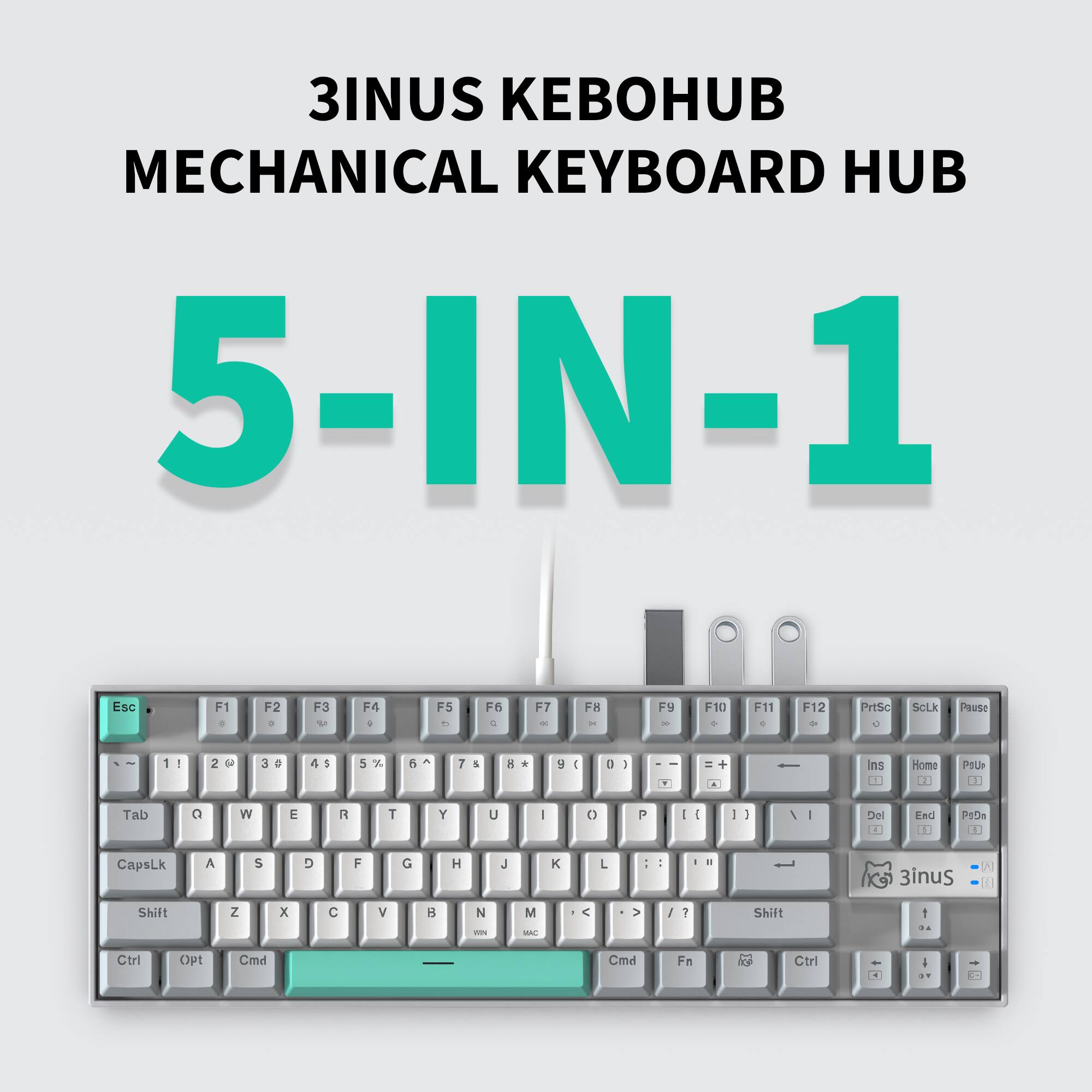 3INUS KEBOHUB MECHANICAL KEYBOARD HUB 5-IN-1 Esc F1 F2 F3 F4 + F5 - F6 . F7 - FH - F9 - F10 F11 F12 PrtSc SCLX Pause 1 I 2 a 3 a 4 1 5 X 6 - 7 5 a . y  D 1 + ins .8 Home 14 POUr  Tab  W E a T Y U I 0 P I - 3 I I Del E Fell 11 P:Ds CapsLk A S D F G H J K L : a . 3inus [0] d Shift Z x C V B N M < V y 7 Shift 1 1 - Ctrl Opt Cmd Cmd Fa R Ctrl - I 37