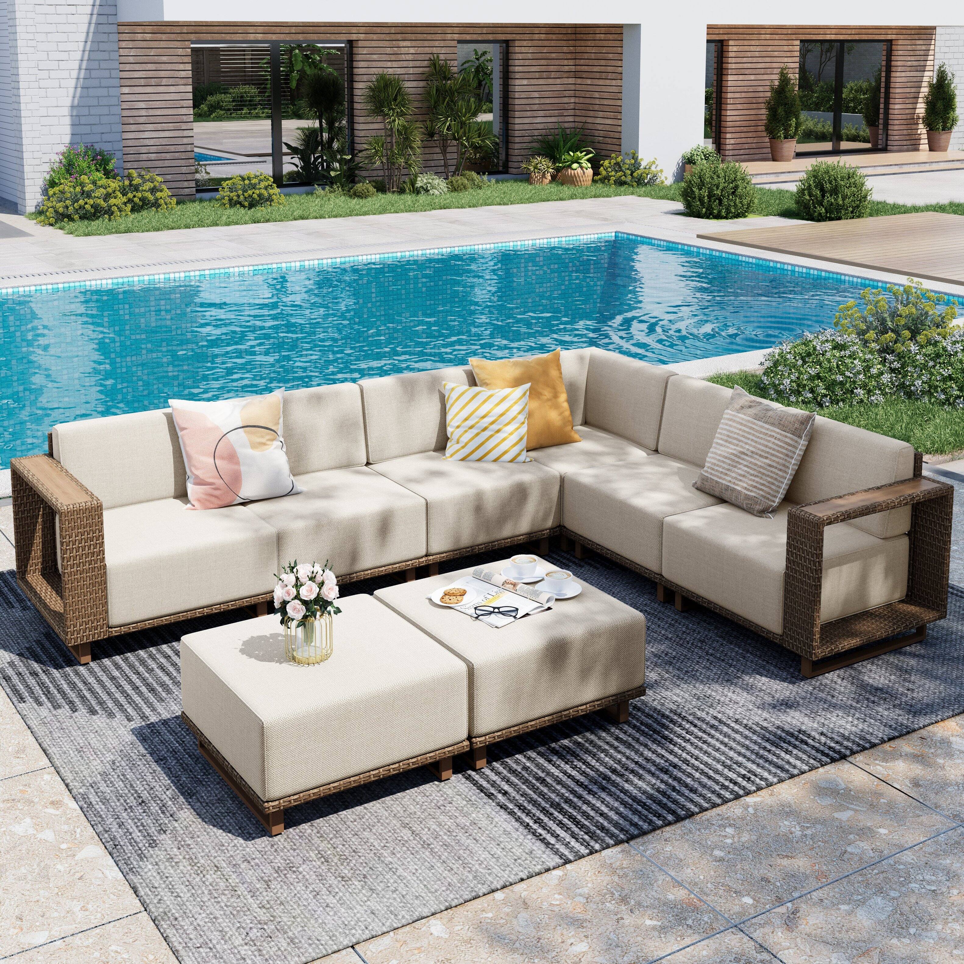 Front. SUMMIT LIVING - 8-Piece Wicker Patio Furniture Set, L Shaped Outdoor Sectional Set with 2 Ottomans - Beige.