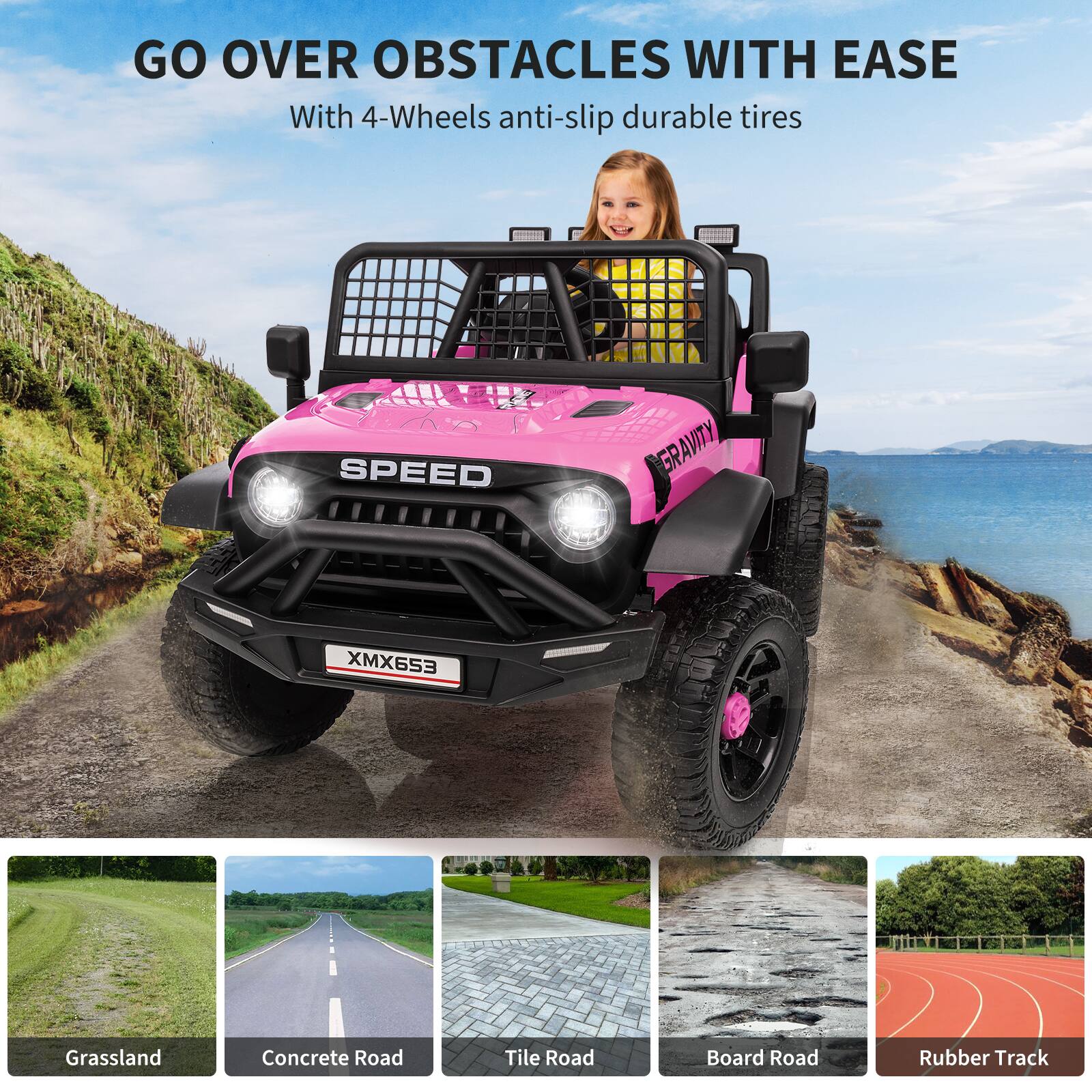 GO OVER OBSTACLES WITH EASE  
With 4-Wheels anti-slip durable tires  

SPEED  
GRAVITY  
XMX653  

Grassland  
Concrete Road  
Tile Road  
Board Road  
Rubber Track