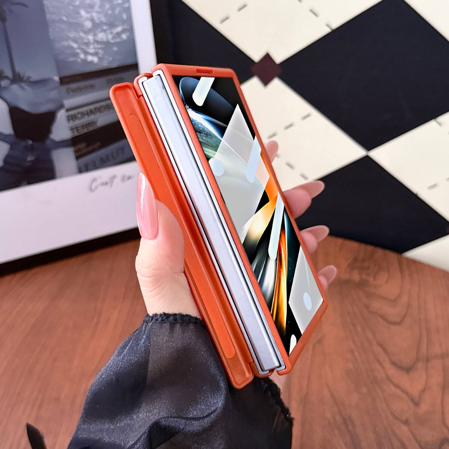 Back. Dteck - for Samsung Galaxy Z Fold8 Rugged Hinge Protection Case with Tempered Glass Film,Shockproof Matte Slim Mag Safe Cover - Orange.
