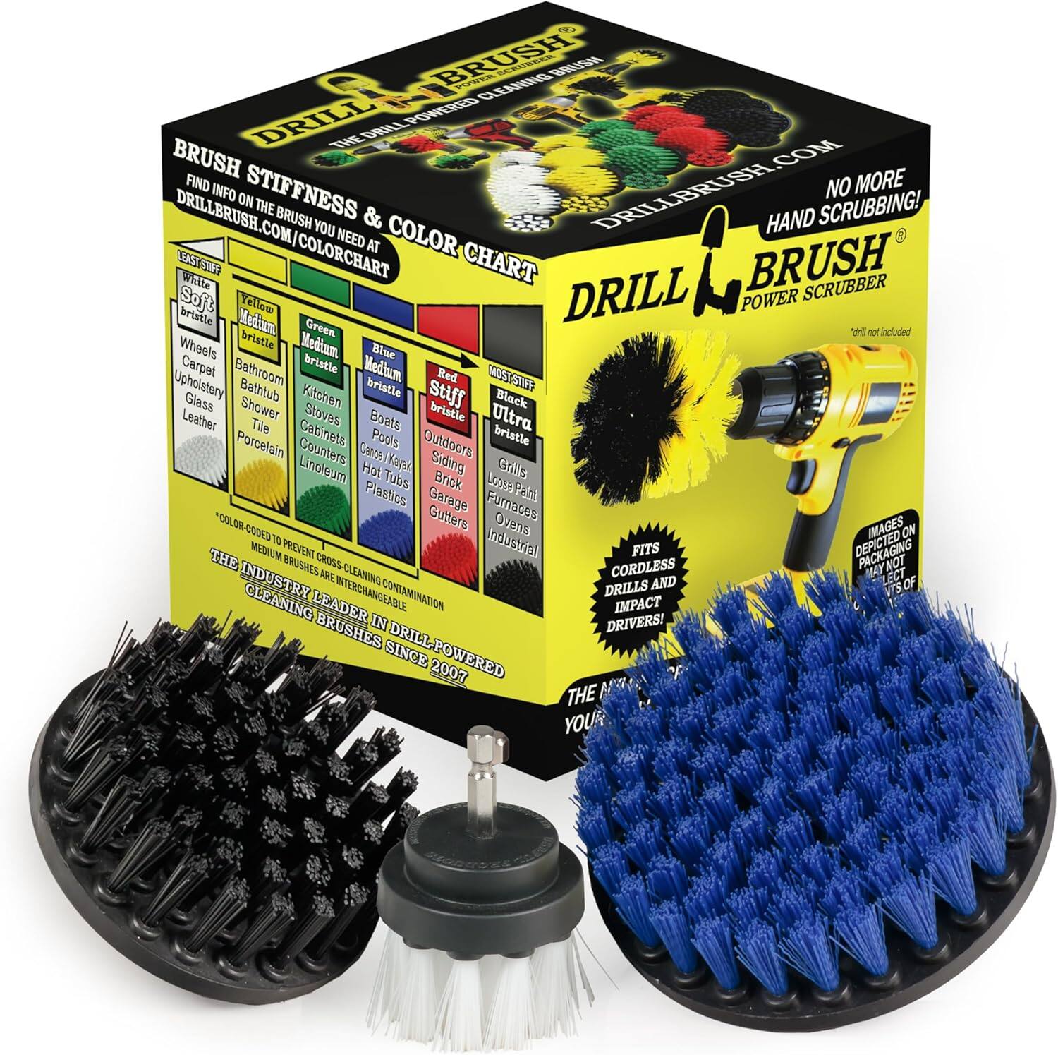 BRUSH FOR CLEANING MDAO RSM DRILL POWERED THE DRILL COM BRUSH FIND INFO STIFFNESS DRILLBRUSH.COM NO MORE ON THE SCRUBBING! DRILLBRUSH.COM/COLORCHART DRILLBRUSH.COM/ BRUSH YOU & COLOR DRILI HAND NEED AT CWG COLORCHART CHART BRUSH White SCRUBBER Soft briatle Medium Yellow DRILL POWER Green  not included Wheels bristle Medium Blue Carpet Bathroom bristle Medium Red Upholstery Bathtub bristle MESOOG Glass Shower Kitchen stiff Black Leather Stoves Bots bristle Ultra Tile Cabinets bristle Porcelain Psols Ouidoors Gounters CCA Ya Siding Linoloum Hot Tubs Grllt Briek LAA P Plastics Garage Fumaces DOLOR-OUDE Gutters Ovens MMAGES ON CSDT 1O Industrial MEZIUNA PRODVTENTE FITS DEPICTED THE BRISS CROSS-CLEANING CORDLESS NOT INDUSTRY ARIL AND LECT INTERCHANGEABLE CONTAMINATION DRILLS VTS OF CLEANING LEADER IN IMPACT BRUSHES DRIVERS! SINCE DRILLPOWERED 2007 THE YOU