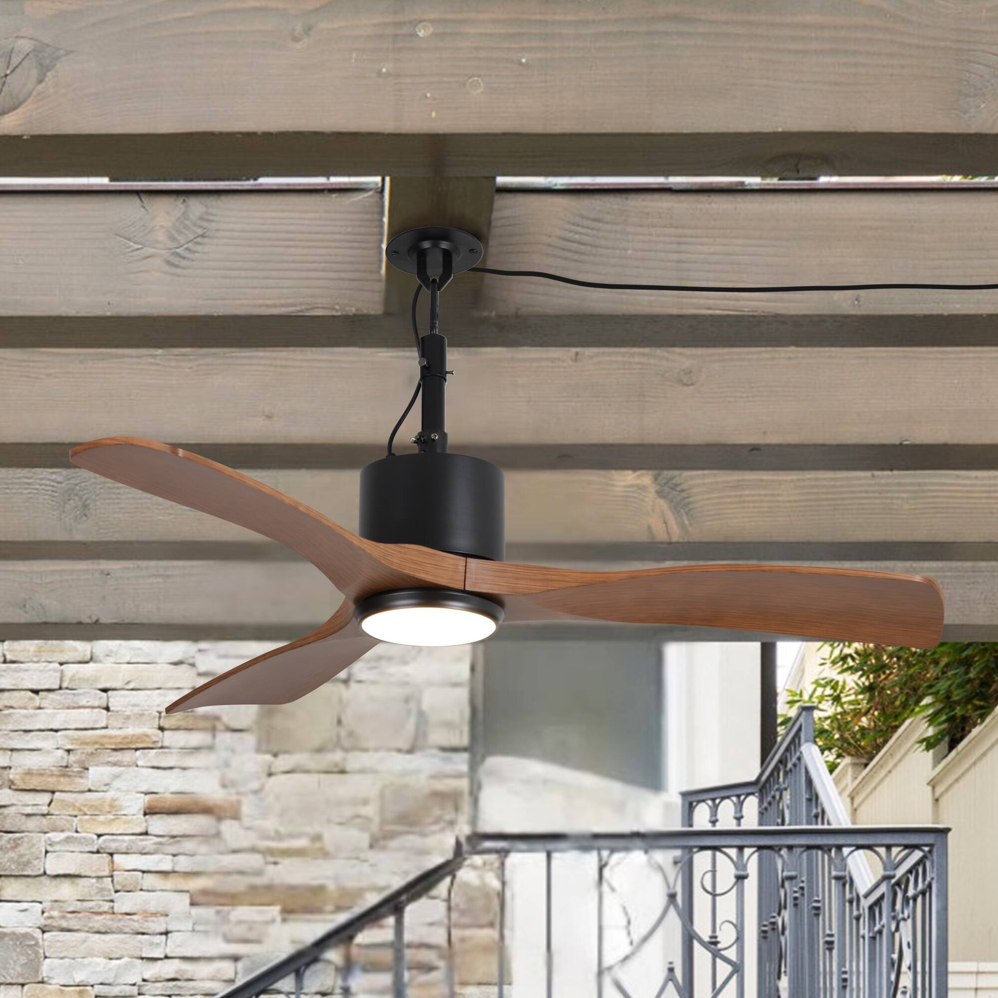 Angle. Parrot Uncle - 42" Classic Waterproof Wet Outdoor Gazebo Hook Ceiling Fan with Light and Plug in - Brown.