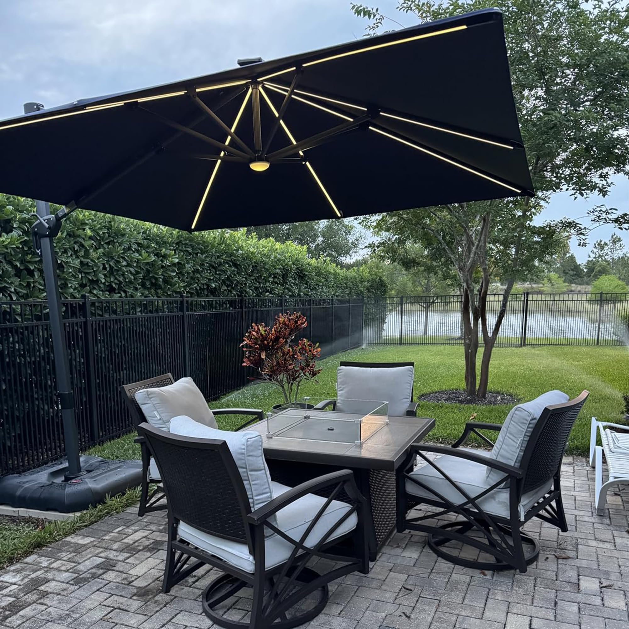 Left. PURPLE LEAF - 10 ft. Square Aluminum Cantilever Solar Powered LED Offset 360° Rotation Umbrella with Base for Garden Deck Pool - Grey.