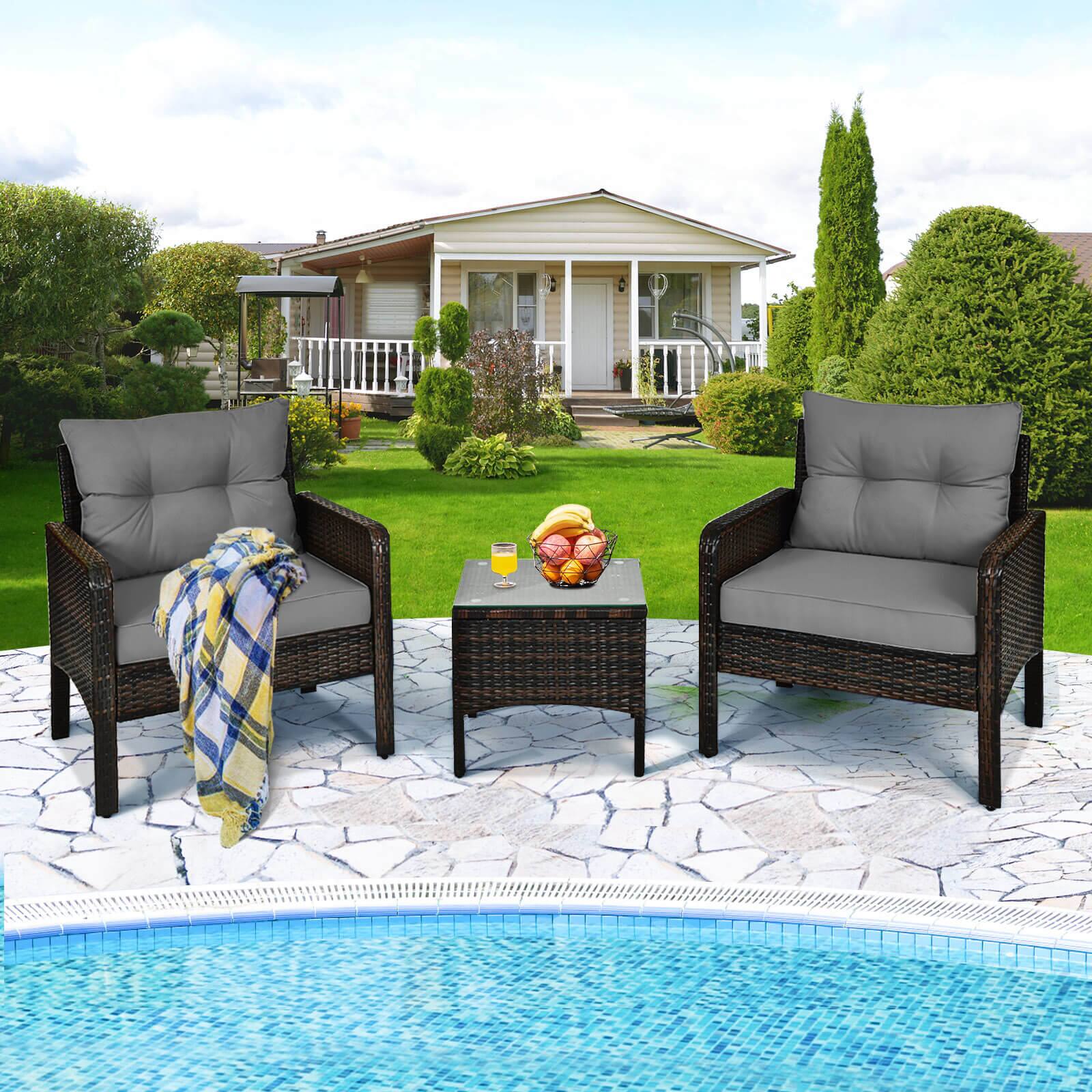 Alt View 1. Costway - Costway 3 PCS Patio PE Wicker Furniture Set with Cushions and Tempered Glass Coffee Table - Gray.