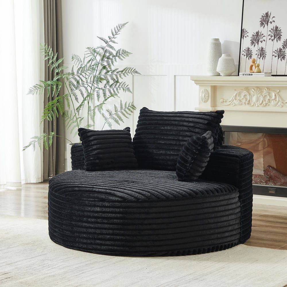 Angle. Kadyn - 55"L Corduroy Swivel Chair, Fluffy Modern Sleeper with 360-Degree Rotation for Living Room, Black - Black.