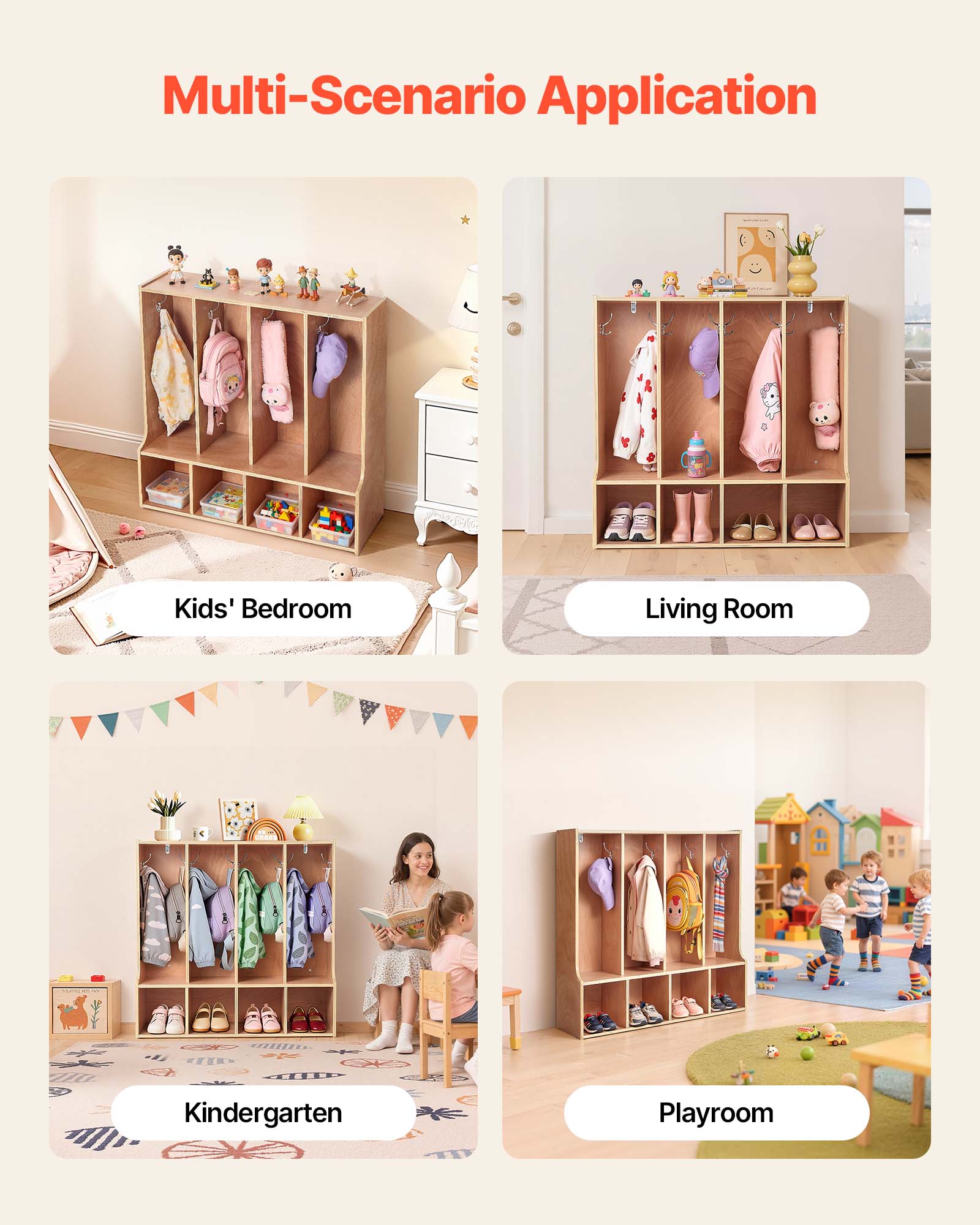 VEVOR 4 Section Kids Coat Locker,Wooden Toddler Cubby Storage