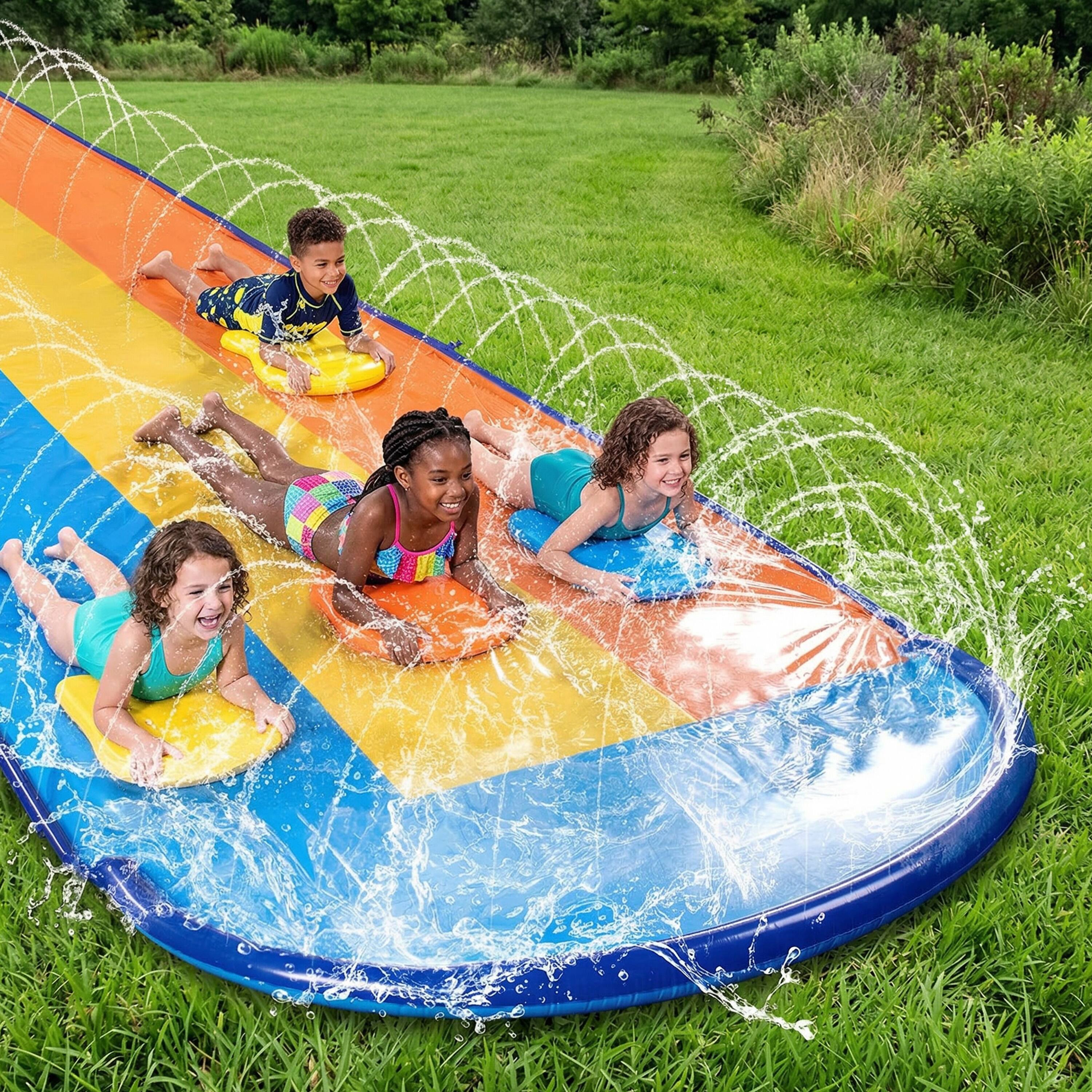 Alt View 2. Joyfy - 18ft Triple Water Slide with 3 BodyBoards, Backyard Lawn Waterslides with Sprinkler, Summer Outdoor Water Toy for Kids.