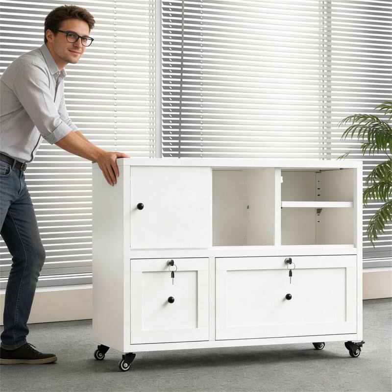Back. HTUTWOO - 2-Drawer Metal Filing Cabinet with Lock - 28"H Lateral Storage, Rolling with Anti-Tip Kit, Full-Extension Quiet Slides - White.