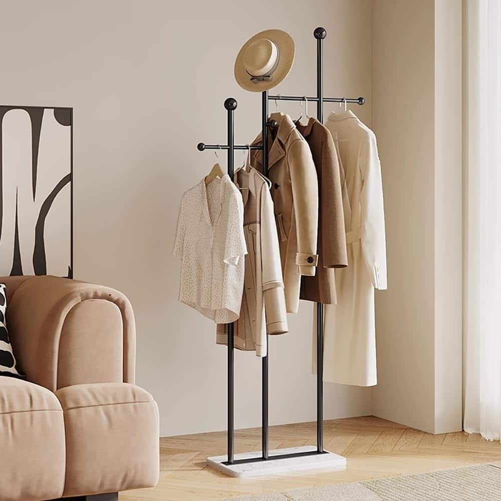 HM 1810 - Standing Coat Rack With Marble Base Heavy Duty Clothes Hanger Metal Tree For Hats Scarfs Purses 19 - Black