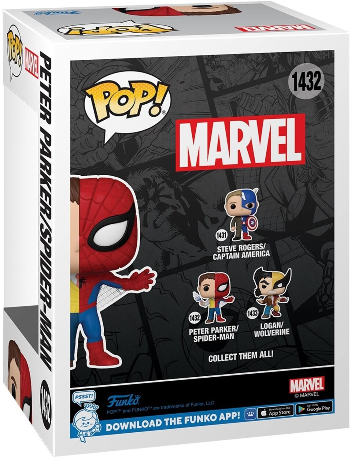 Sure, here is the corrected and grouped text from the image:

---

**Front:**

- **POP! MARVEL**
- **PETER PARKER/SPIDER-MAN**
- **1432**
- **MARVEL**

**Side:**

- **POP! MARVEL**
- **PETER PARKER/SPIDER-MAN**

**Back:**

- **POP! MARVEL**
- **1431 STEVE ROGERS/CAPTAIN AMERICA**
- **1432 PETER PARKER/SPIDER-MAN**
- **1433 LOGAN/WOLVERINE**
- **COLLECT THEM ALL!**
- **PSSST!**
- **Funko**
- **POP!™ and FUNKO™ are trademarks of Funko, LLC**
- **DOWNLOAD THE FUNKO APP!**
- **App Store**
- **Google Play**

---
