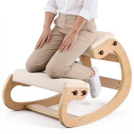 Front. VEVOR - Ergonomic Kneeling Chair, Wooden Posture Knee Chair with Adjustable Thick Foam Cushions & Solid Wood Frame - Natural wood frame + off-white pad.