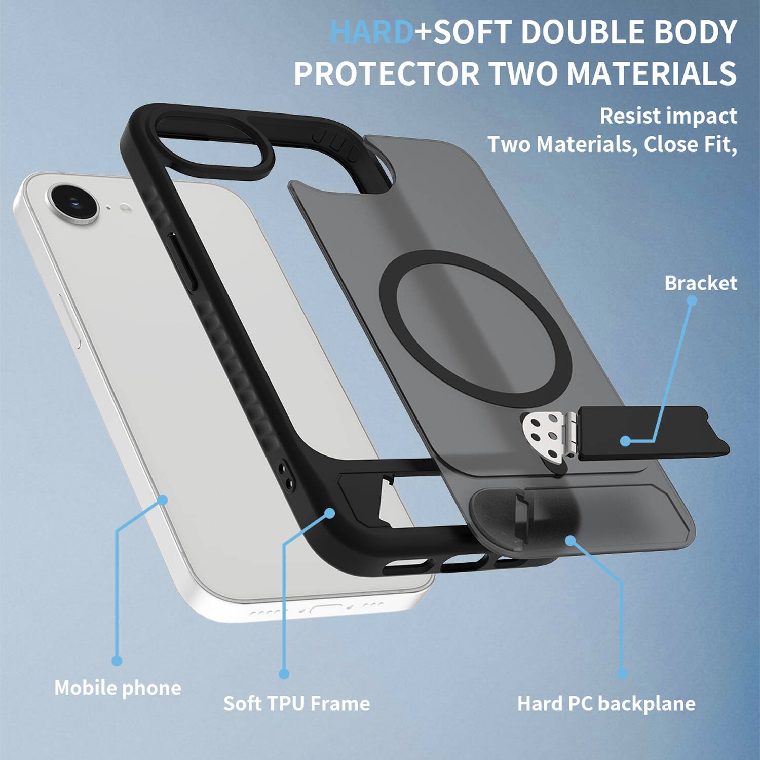 HARD+SOFT DOUBLE BODY PROTECTOR TWO MATERIALS  
Resist impact  
Two Materials, Close Fit,  
Bracket  
Mobile phone  
Soft TPU Frame  
Hard PC backplane