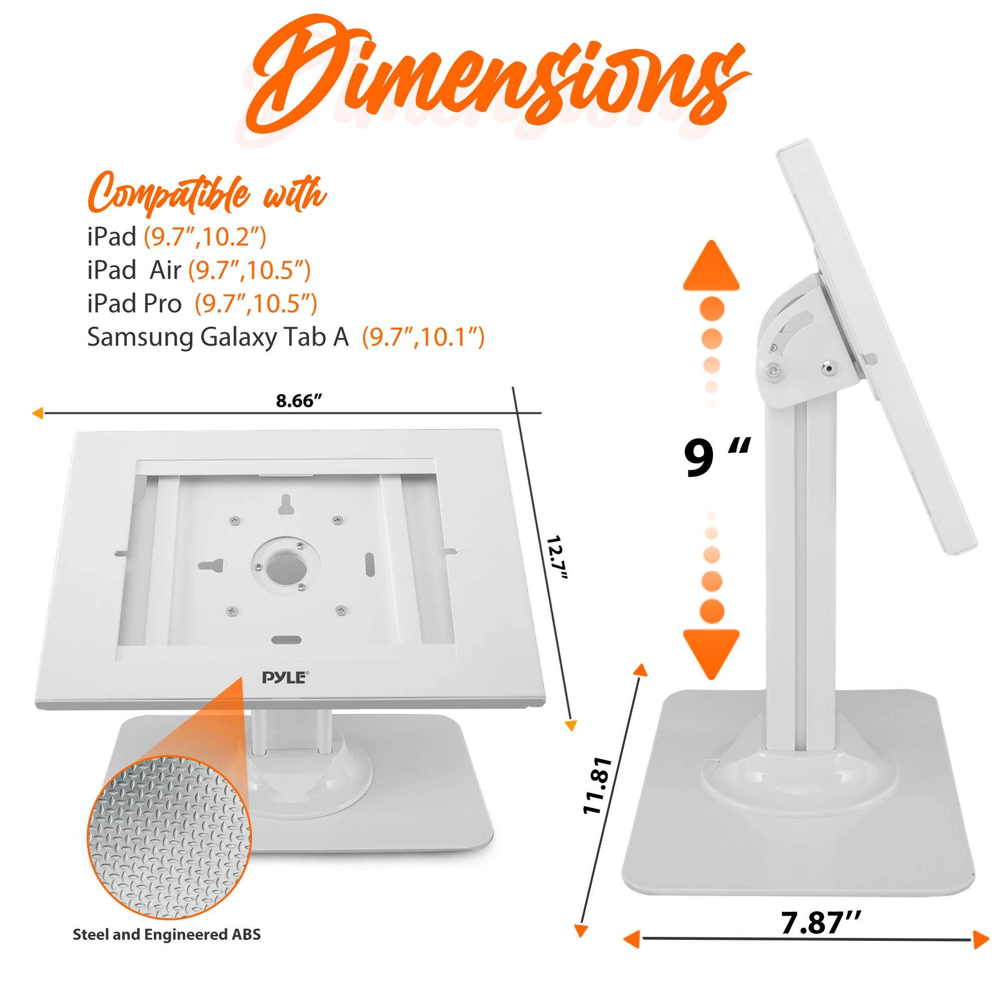 Dimensions

Compatible with:
- iPad (9.7", 10.2")
- iPad Air (9.7", 10.5")
- iPad Pro (9.7", 10.5")
- Samsung Galaxy Tab A (9.7", 10.1")

8.66"  
9"  
12.7"  
11.81"  
7.87"

Steel and Engineered ABS