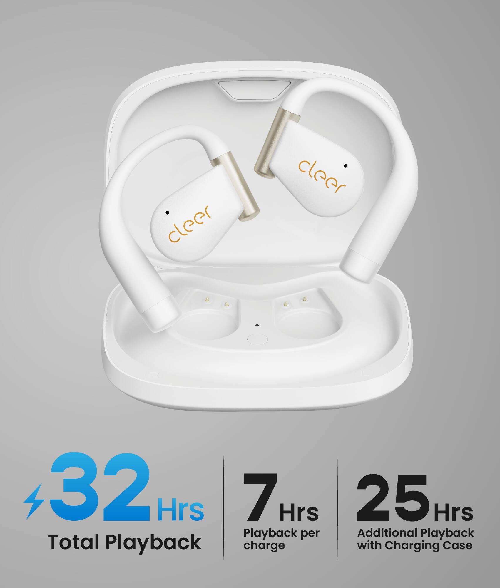 Cleer 32 Hrs Total Playback  
7 Hrs Playback per charge  
25 Hrs Additional Playback with Charging Case
