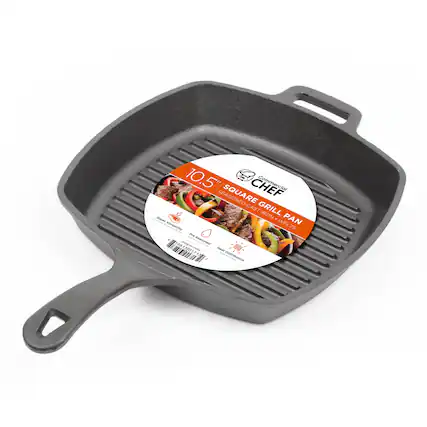 10.5 CHEF SQUARE GRILL - SEASONED CAST IRON PAN - WFL75 | ersroay 75 - . 0 : Pe a - Seasned - - - 13/0171 i rar 1 | a rEUN J -