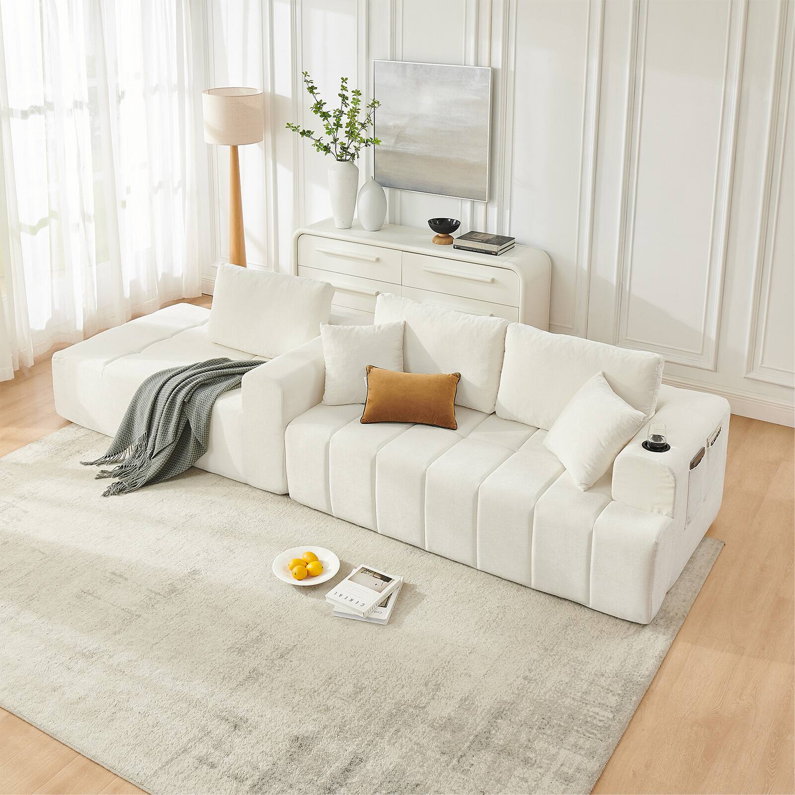 Angle. Anysun - 108" L-Shaped Compression Chenille Sectional Sofa with Left Chaise, Cup Holders & Side Pockets, No Assembly - Beige.