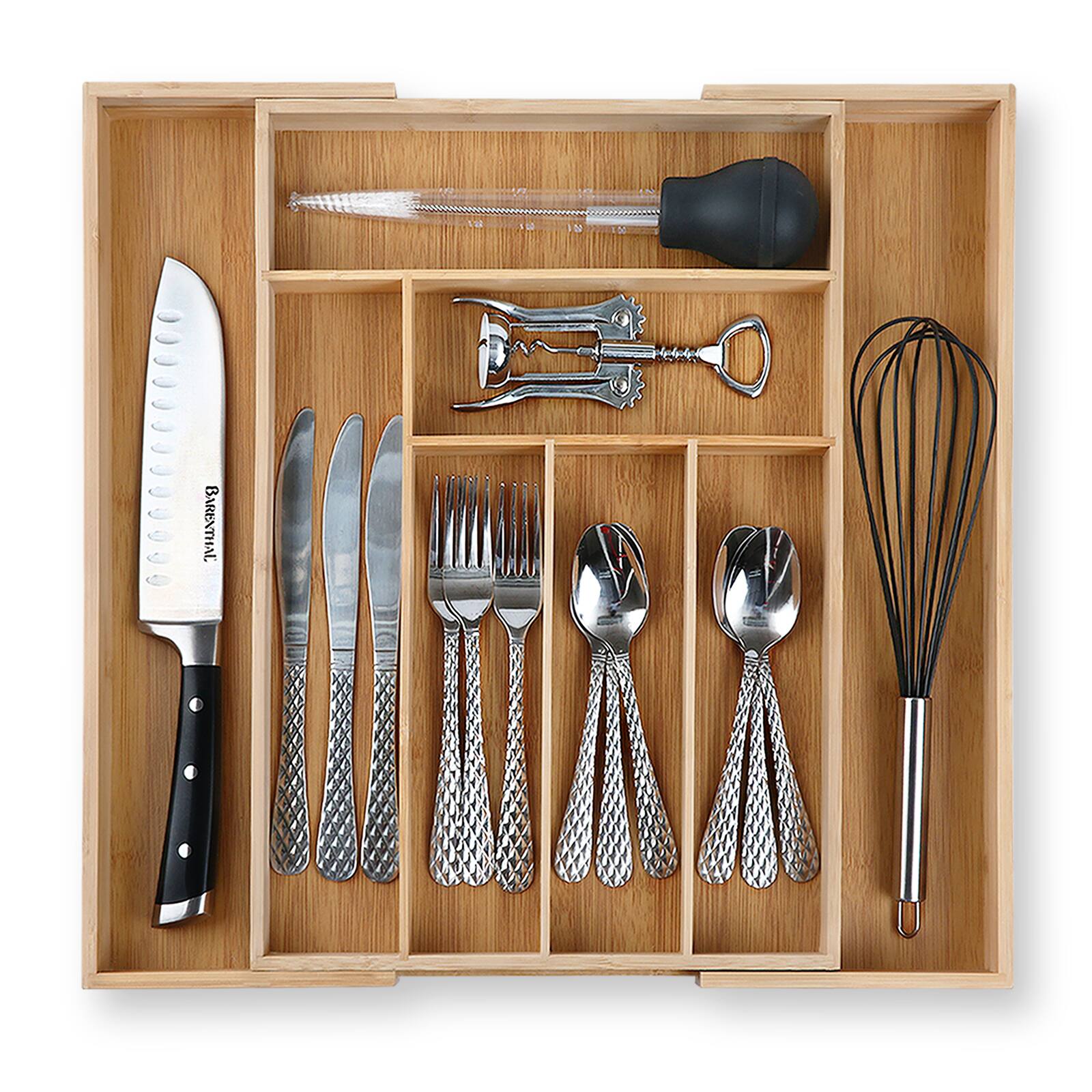 Left. KITCHENTREND - KITCHENTREND Drawer Organizer Bamboo Expandable Silverware Drawer Organizer for Utensils Holder Adjustable Cutlery Tray - Bamboo color.
