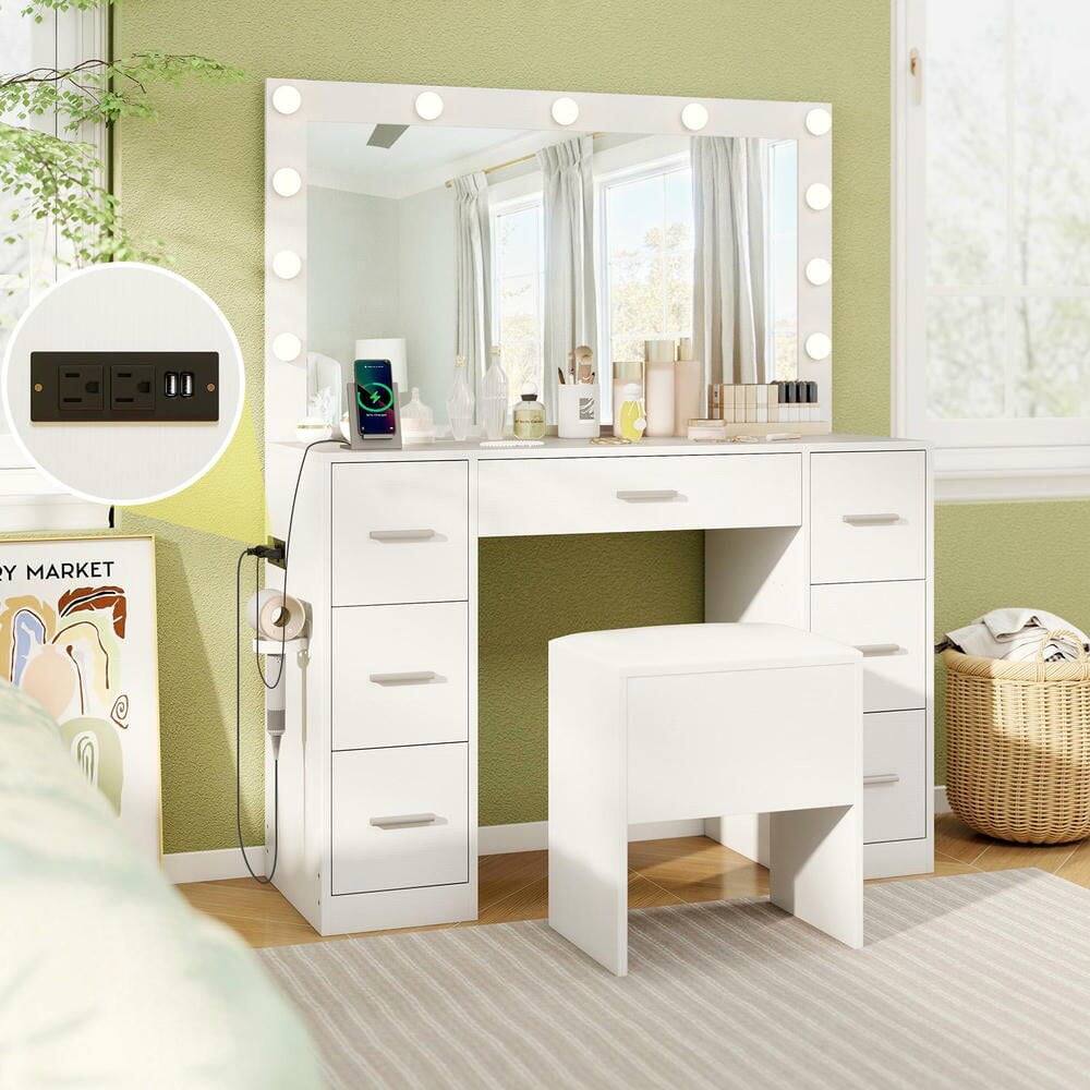 Left. Kadyn - 43.5" Bedroom Vanity Desk with LED Lighted Mirror - White - White.