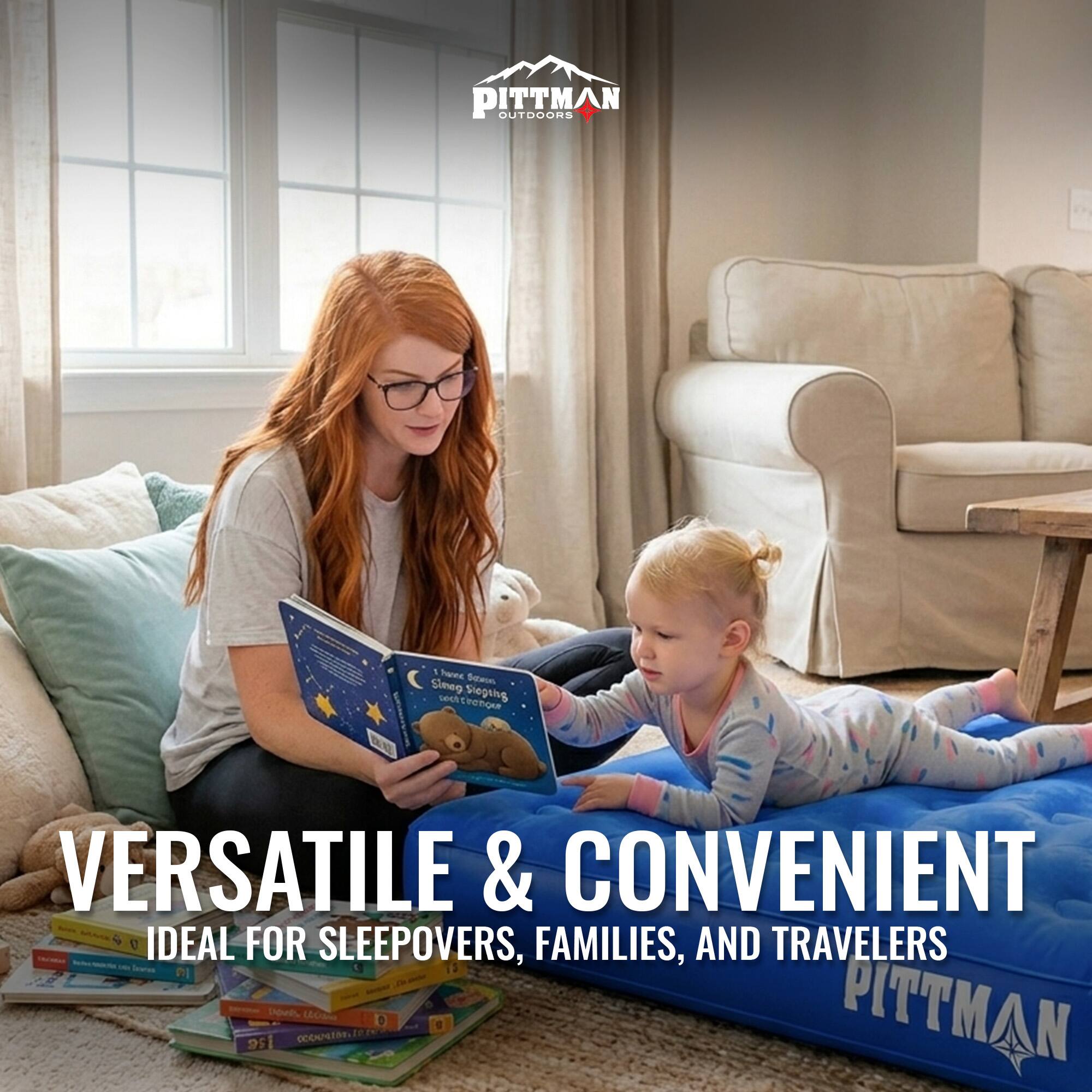 PITTMAN OUTDOORS - aat Soterm Simeg Slegsing seet ceonque VERSATILE & CONVENIENT IDEAL FOR SLEEPOVERS, FAMILIES, AND TRAVELERS D 95 cu 0E L  PITTMAN