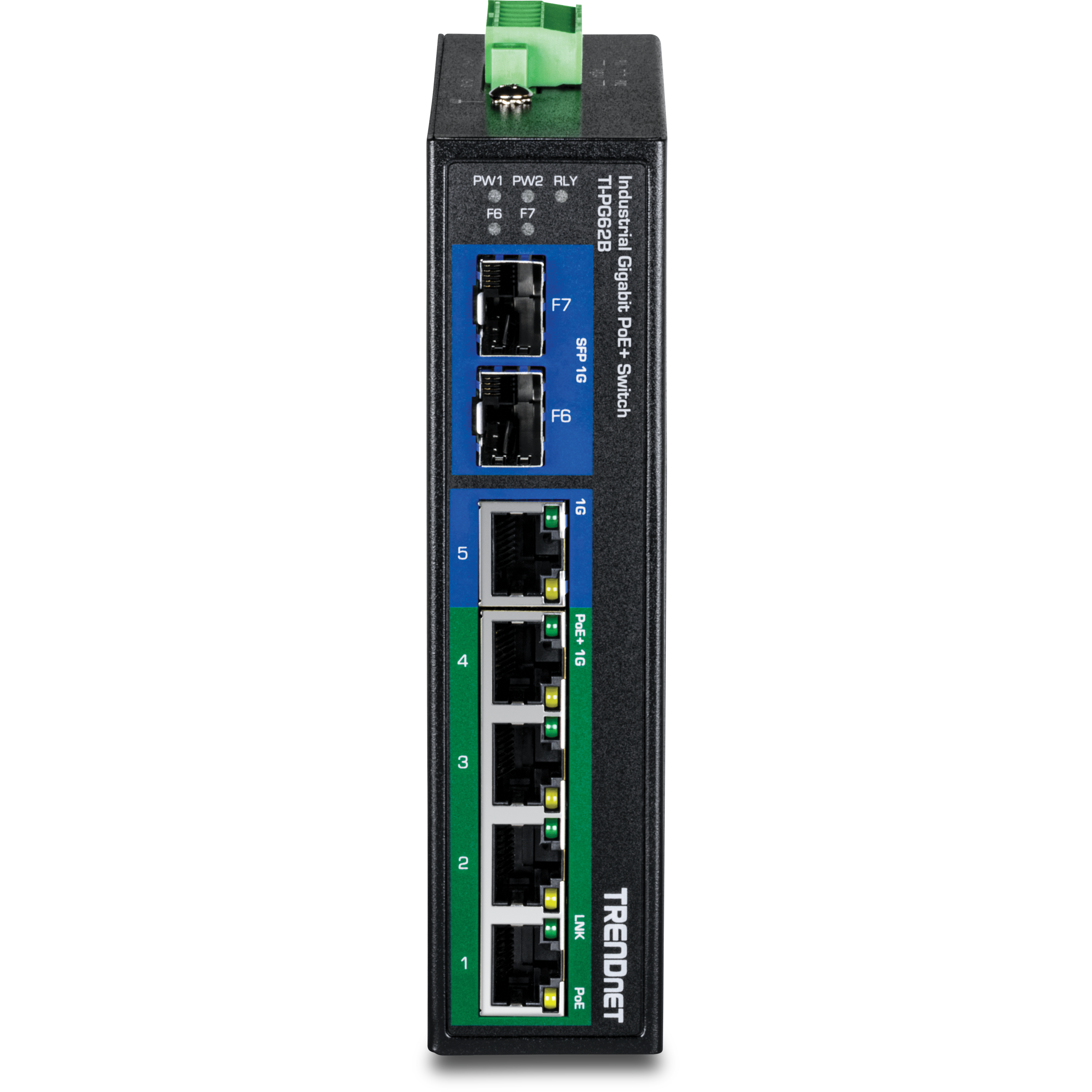 Sure, here is the corrected and grouped text from the image:

- **TRENDNET**
- **Industrial Gigabit PoE+ Switch**
- **TPG62B**
- **PW1 PW2**
- **F6 F7**
- **F7**
- **SFP 10**
- **F6**
- **TI-PG62B**
- **1G 5 4 PoE+ 1G 3 2 1 LNK PoE**
- **TRENDNET**
