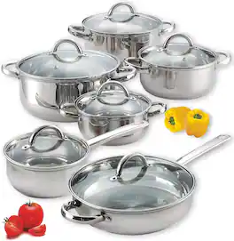 Cook N Home - Kitchen Cookware Sets, 12-Piece Basic Pots and Pans, Silver - STAINLESS STEEL