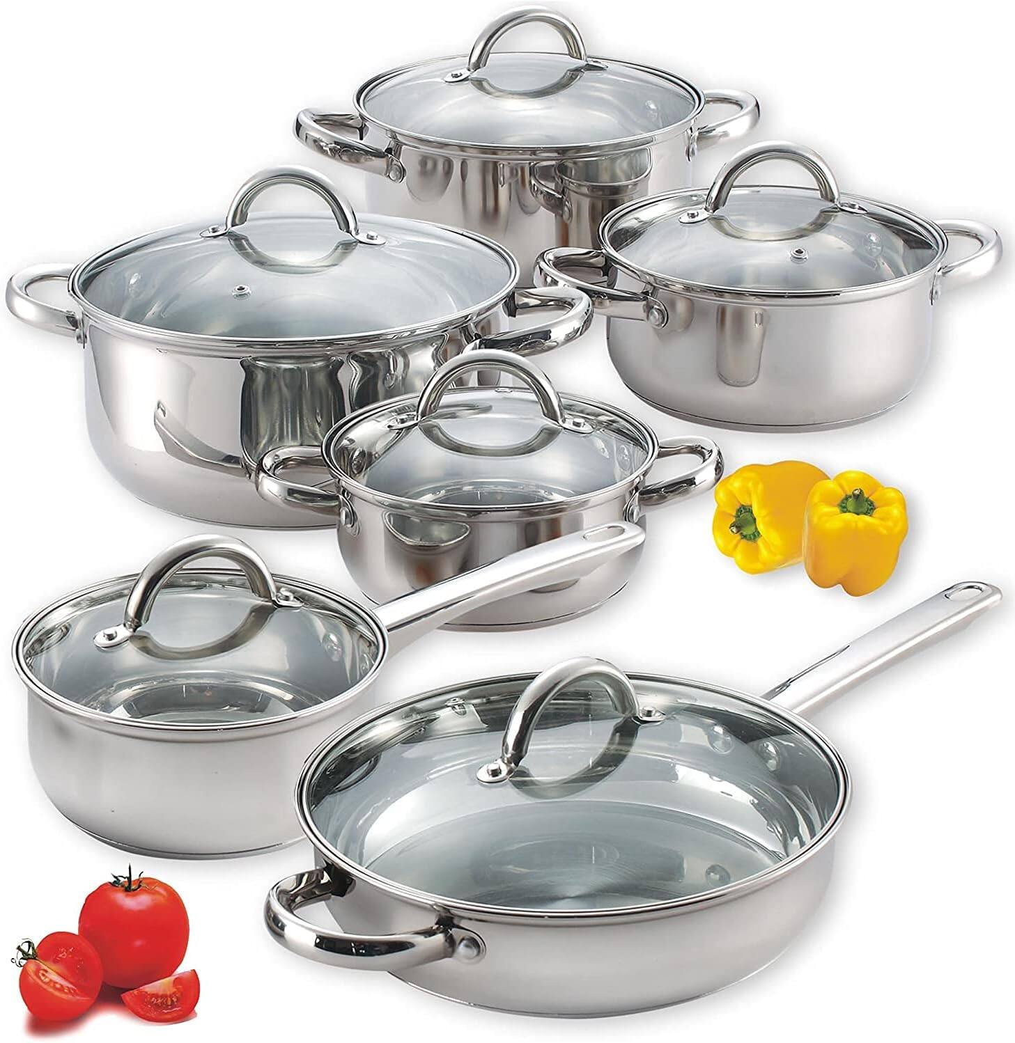 Front. Cook N Home - Kitchen Cookware Sets, 12-Piece Basic Stainless Steel Pots and Pans, Silver - STAINLESS STEEL.