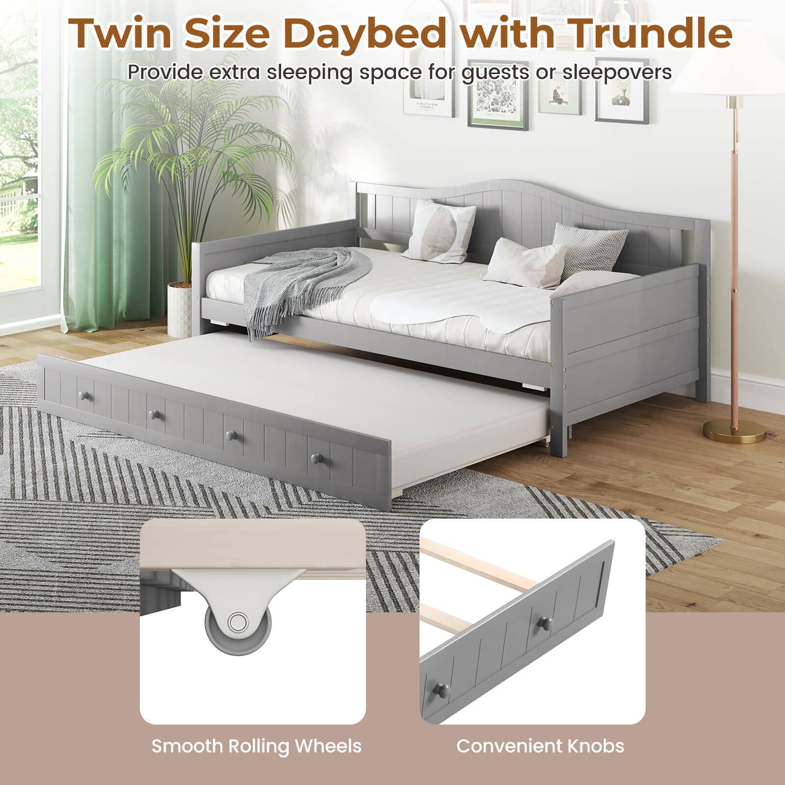 Twin Size Daybed with Trundle
Provide extra sleeping space for guests or sleepovers
Smooth Rolling Wheels
Convenient Knobs