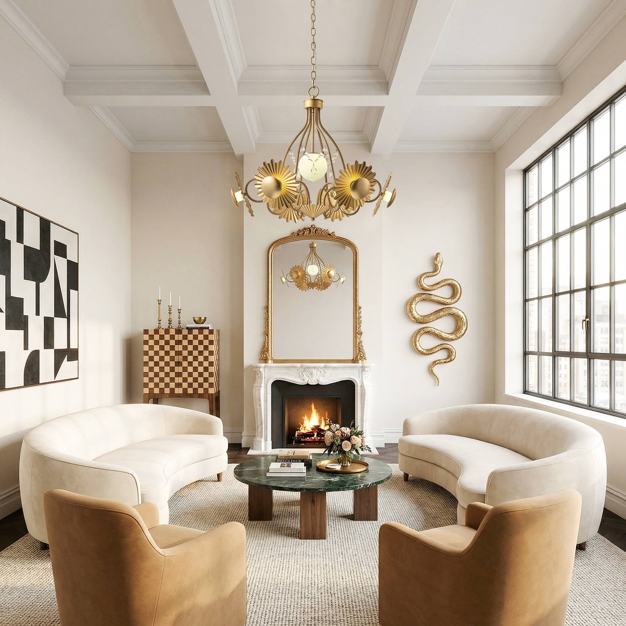 Angle. Parrot Uncle - 26" Antique Gold Mid-Century Glam Sunburst LED Chandelier with Frosted Glass Globes - Gold.