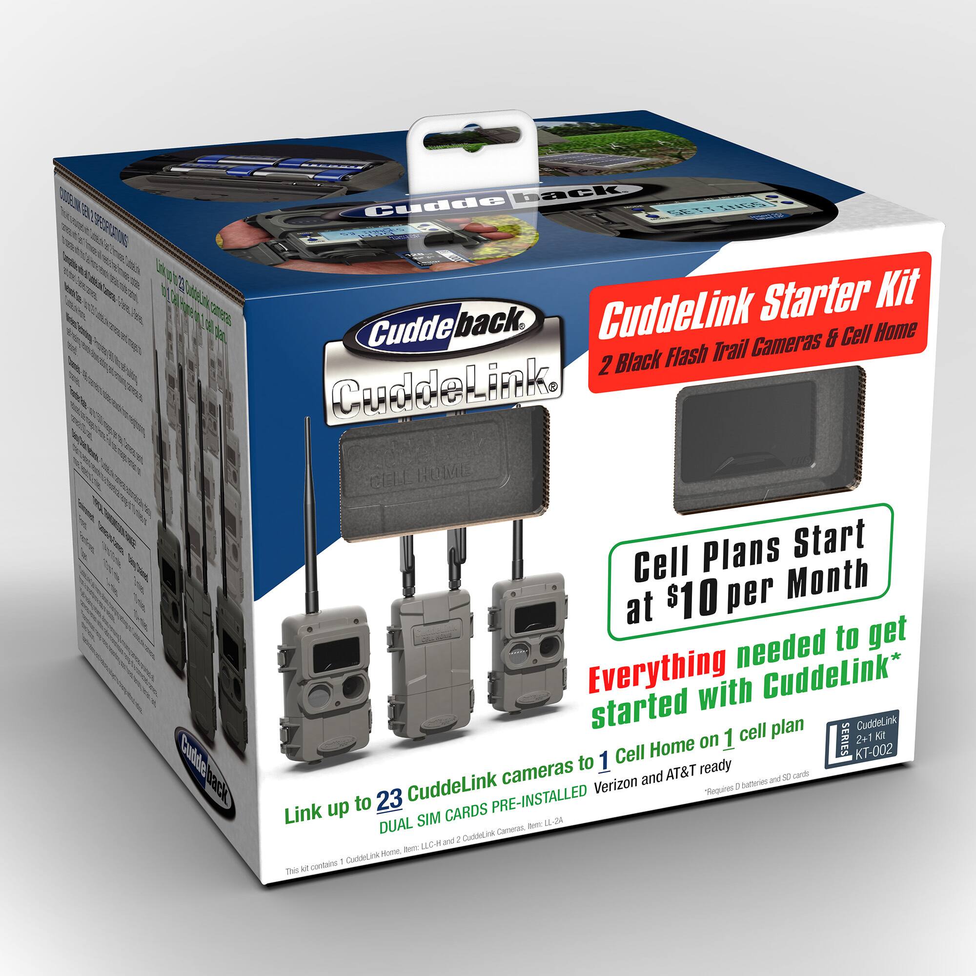 CuddeLink Starter Kit  
2 Black Flash Trail Cameras & Cell Home  

Cell Plans Start at $10 per Month  

Everything needed to get started with CuddeLink*  

Link up to 23 CuddeLink cameras to 1 Cell Home on 1 cell plan  

PRE-INSTALLED DUAL SIM CARDS - Verizon and AT&T ready  

*Requires batteries and SD cards  

Link up to 23 CuddeLink cameras to Cell Home on 1 cell plan  

This kit contains 1 CuddeLink Home, 2 CuddeLink cameras, and 2 CuddeLink SIM cards.