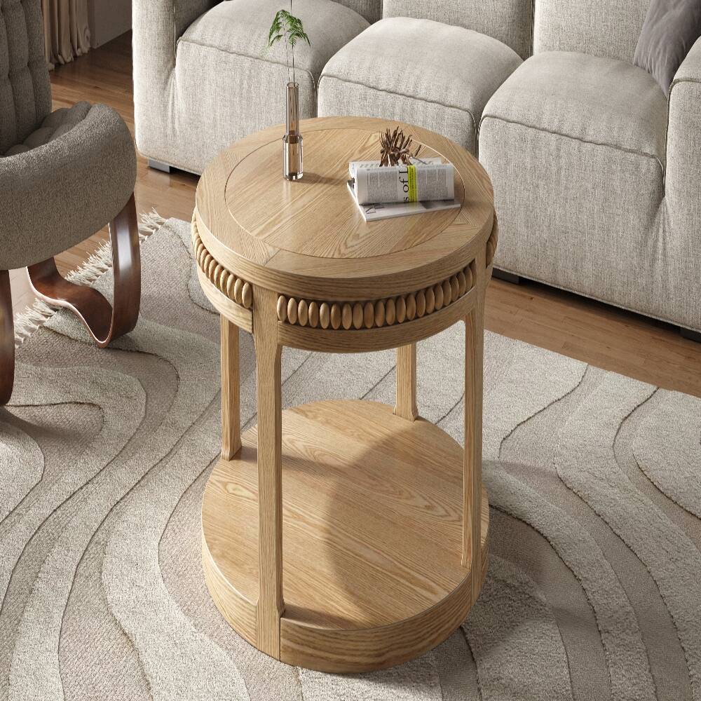 Alt View 3. Loheer - Loheer 31.5 inch round solid wood coffee table Two-Tier Open Storage - Natural Wood.