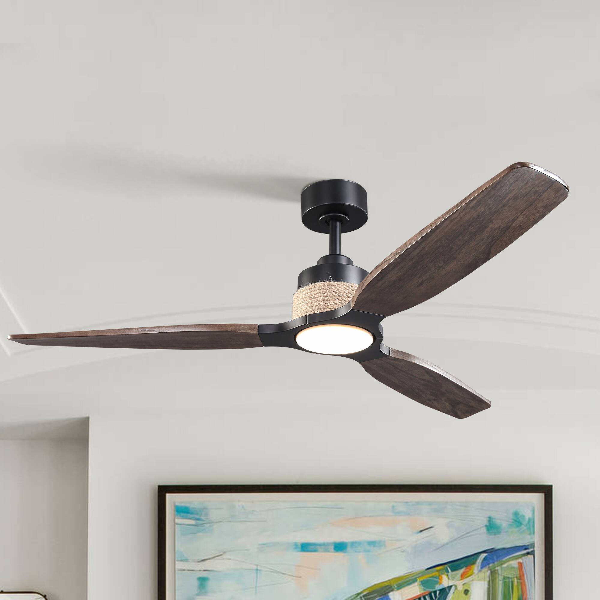 Front. Parrot Uncle - 56" Transition Black Solid Wood Jute 3CCT LED Ceiling Fan with Light and Remote - Black.