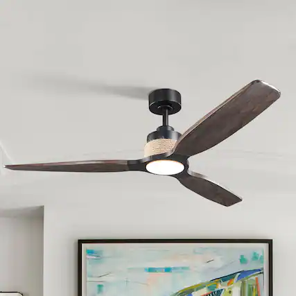 Front. Parrot Uncle - 56" Transition Black Solid Wood Jute 3CCT LED Ceiling Fan with Light and Remote - Black.