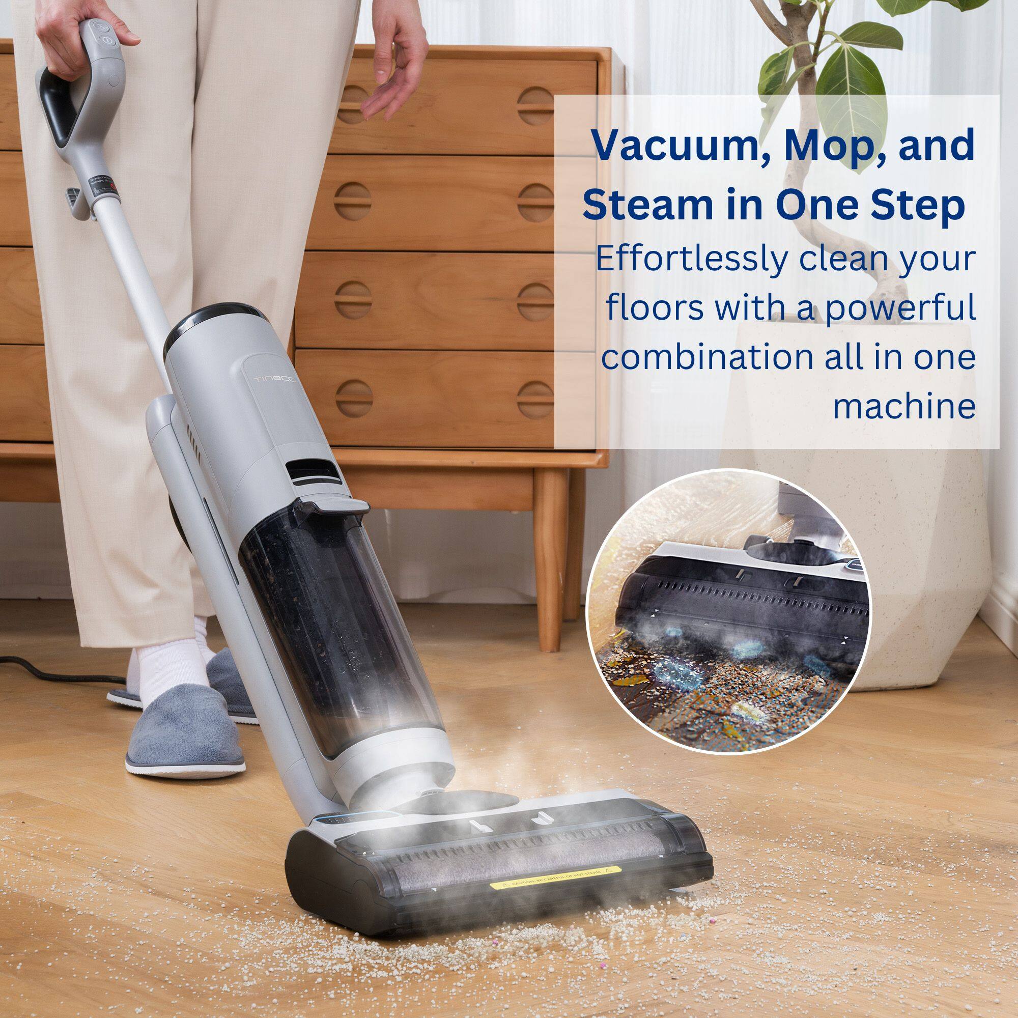 Vacuum, Mop, and Steam in One Step Effortlessly clean your floors with a powerful combination all in one machine.