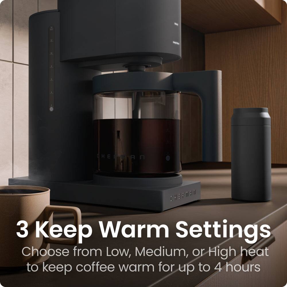 1 1 CHEFMAN An CHEFMAN 3 Keep Warm Settings Choose from Low, Medium, or High heat to keep coffee warm for up to 4 hours
