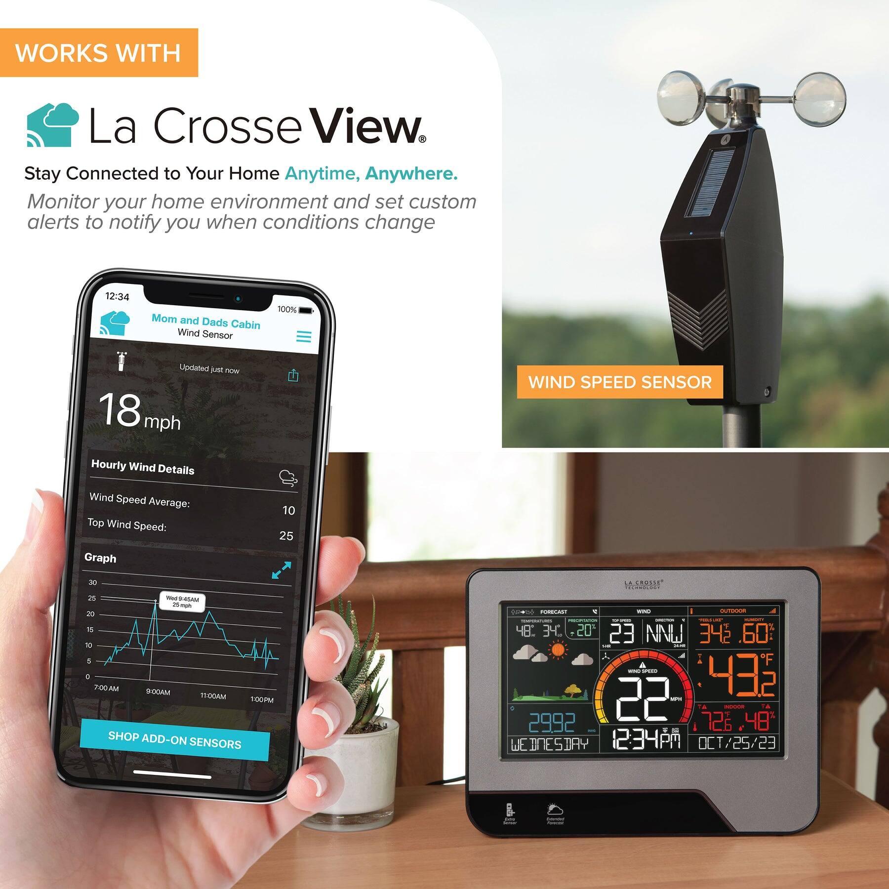 WORKS WITH  
La Crosse View®  
Stay Connected to Your Home Anytime, Anywhere.  
Monitor your home environment and set custom alerts to notify you when conditions change  

12:34  
Mom and Dads Cabin  
Wind Sensor  
Updated just now  

18 mph  

Hourly Wind Details  
Wind Speed Average: 10  
Top Wind Speed: 25  

Graph  
[Graph showing wind speed over time]  

SHOP ADD-ON SENSORS  

WIND SPEED SENSOR  

[Image of a wind speed sensor]  

[Image of a weather station]  
48.34° 20°  
23 NNNW  
34.60°  
22  
43.2  
2992  
WEDNESDAY  
12:34 PM  
OCT/25/23