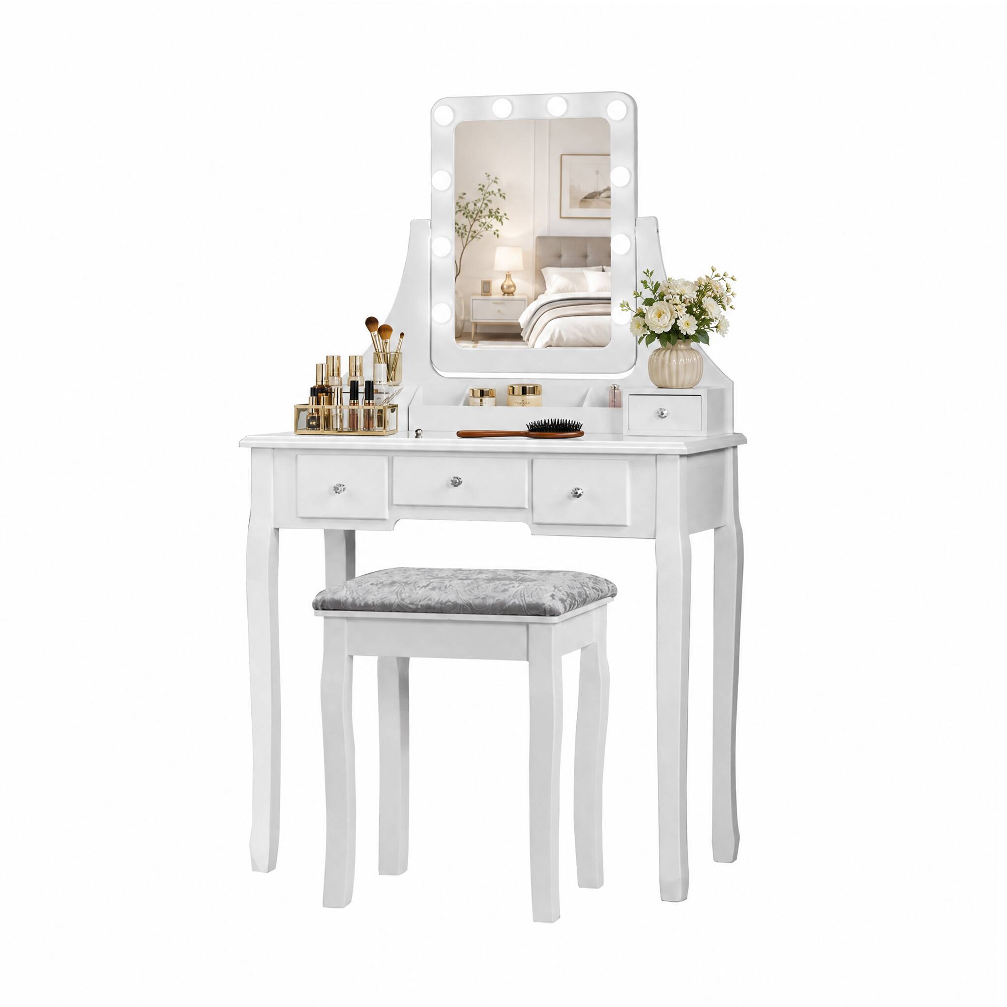 Alt View 6. WELLFOR - Vanity Dressing Table Set with Mirror& 5‑Drawer Classified Storage, Makeup Vanity Desk with Cushioned Stool - White.