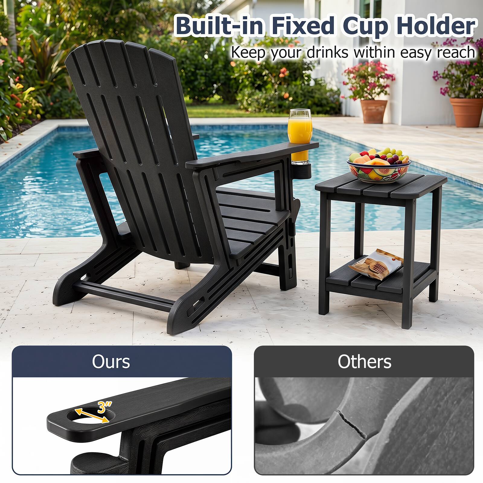 Built-in Fixed Cup Holder  
Keep your drinks within easy reach  

Ours  
3"  

Others